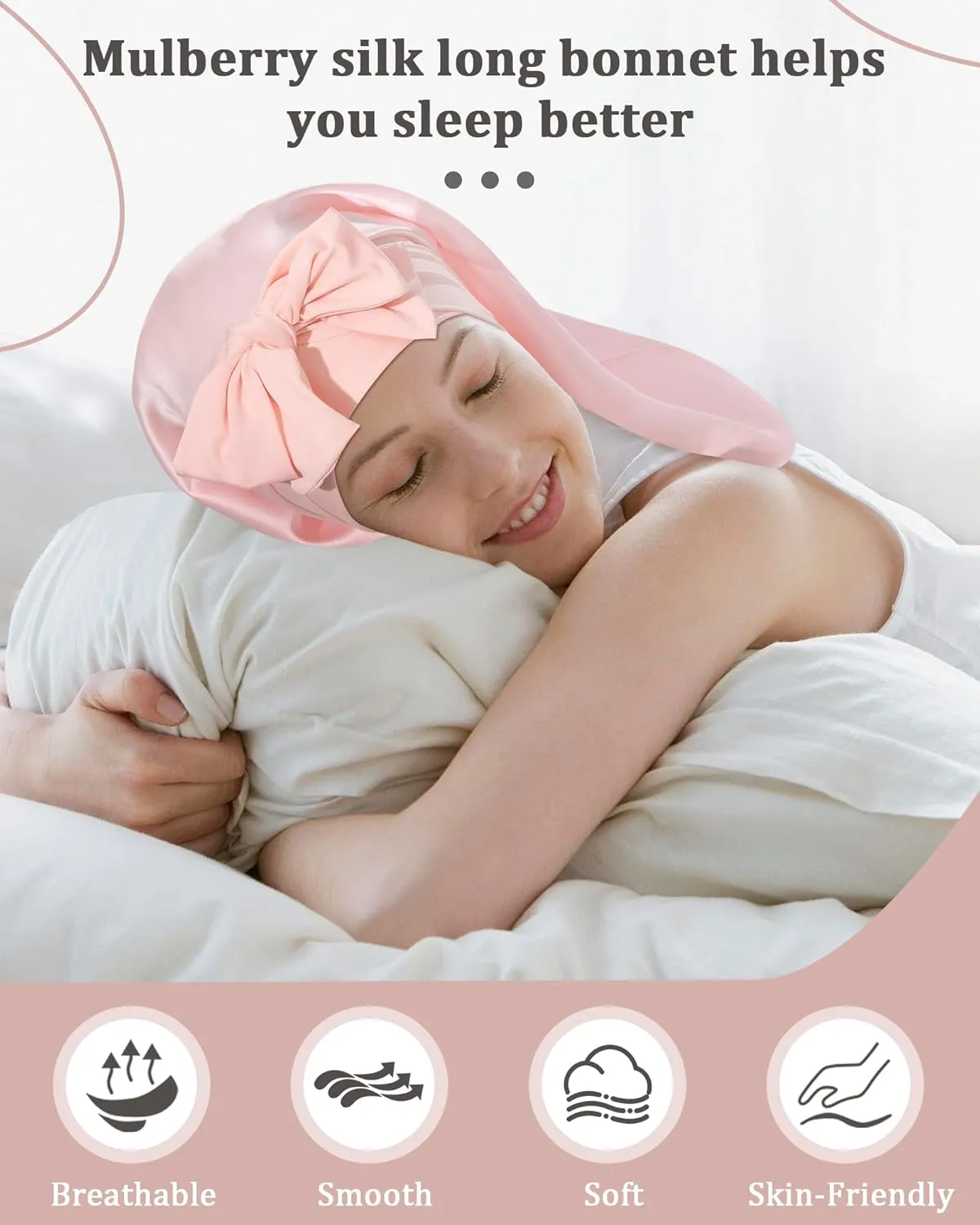 AWAYTR 100% Mulberry Silk Bonnet - Long Hair Cap for Sleeping Tie Band Bonnet for Braids Curly Hair