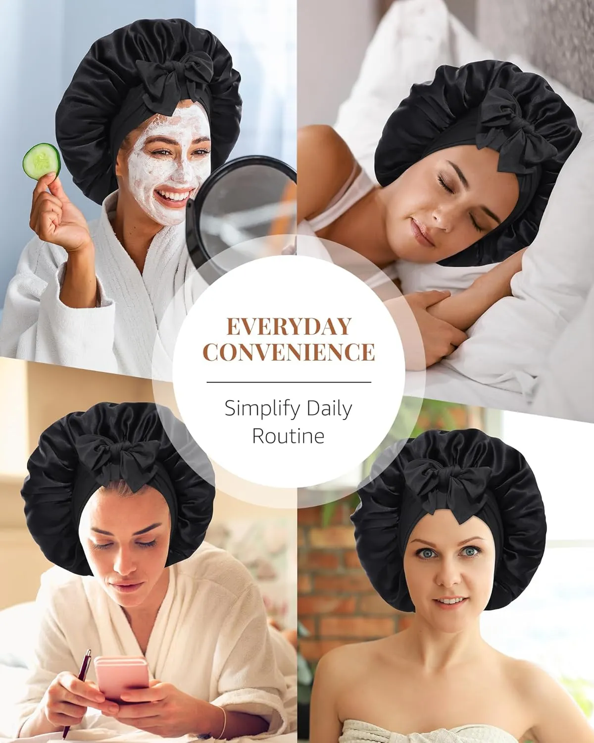 AWAYTR Silk Bonnet for Sleeping Women 100% Mulberry Silk Hair Bonnet with Band 2 Layer Reversible Sleeping Hair Wrap (Black, 7 3/8)