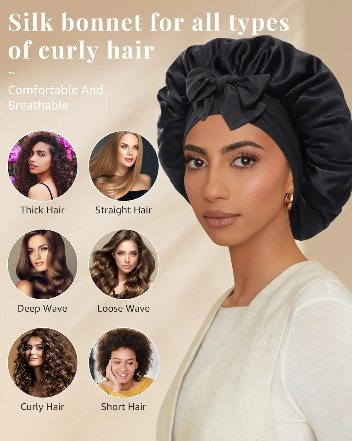 AWAYTR Silk Bonnet for Sleeping Women 100% Mulberry Silk Hair Bonnet with Band 2 Layer Reversible Sleeping Hair Wrap (Black, 7 3/8)