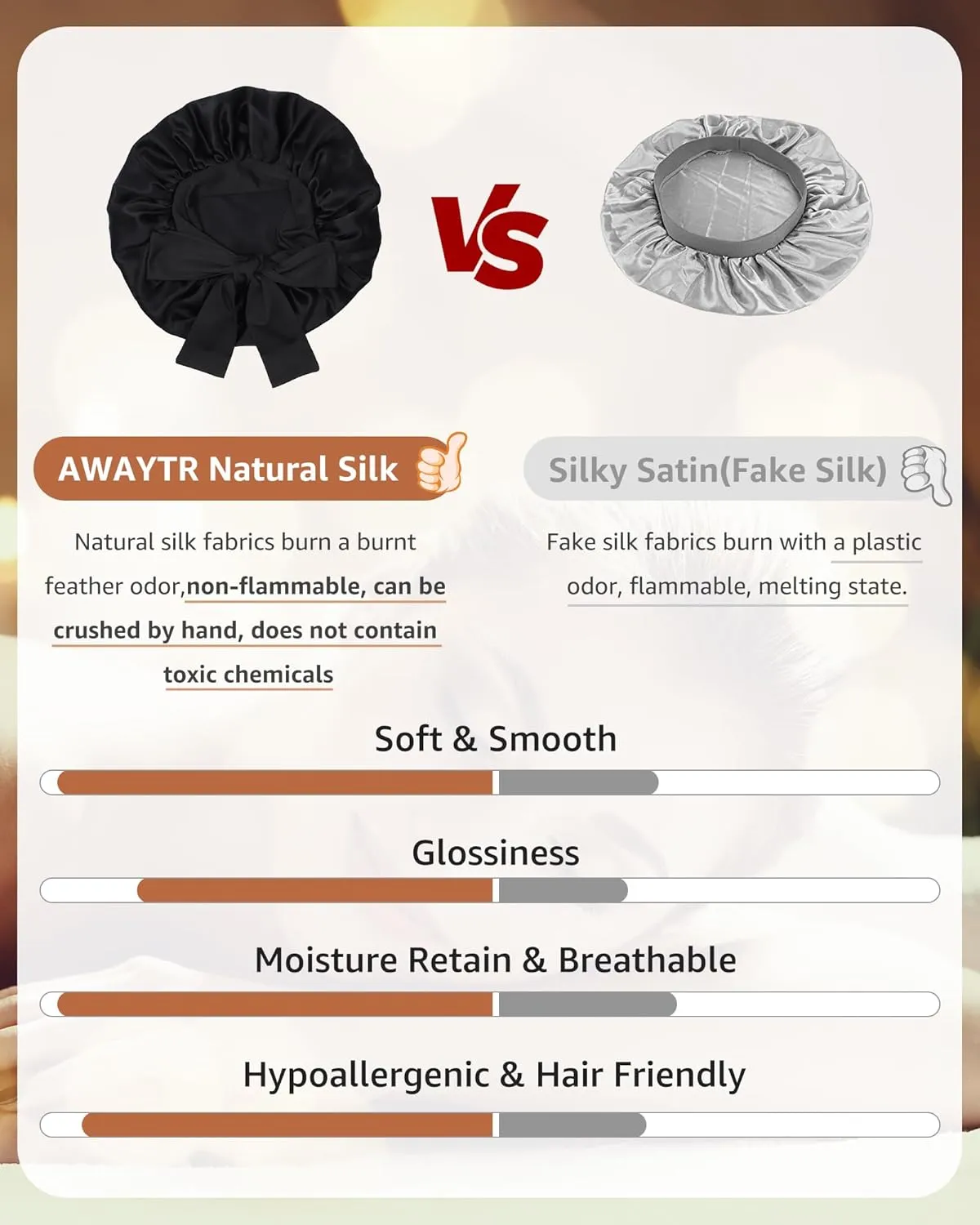 AWAYTR Silk Bonnet for Sleeping Women 100% Mulberry Silk Hair Bonnet with Band 2 Layer Reversible Sleeping Hair Wrap (Black, 7 3/8)