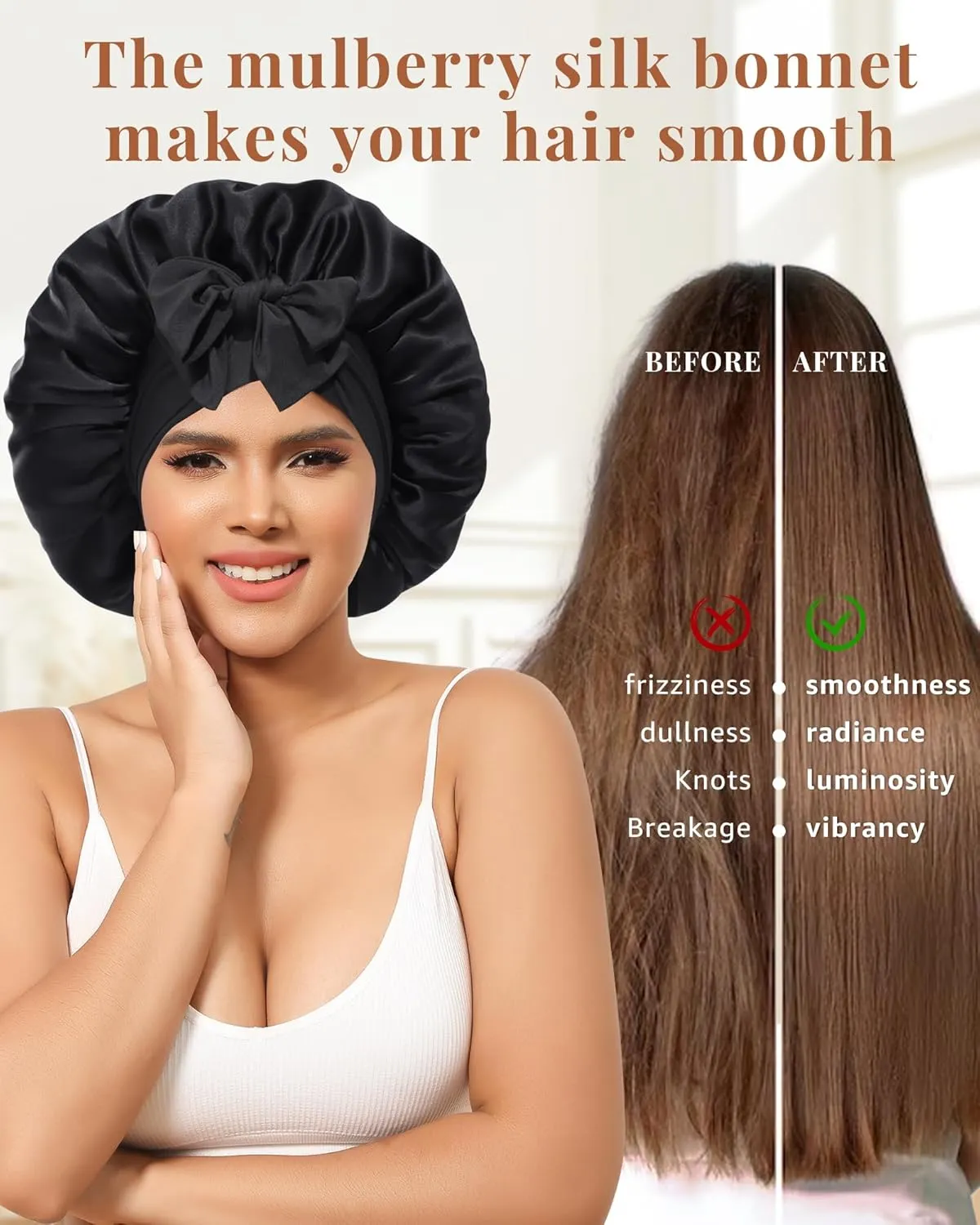 AWAYTR Silk Bonnet for Sleeping Women 100% Mulberry Silk Hair Bonnet with Band 2 Layer Reversible Sleeping Hair Wrap (Black, 7 3/8)