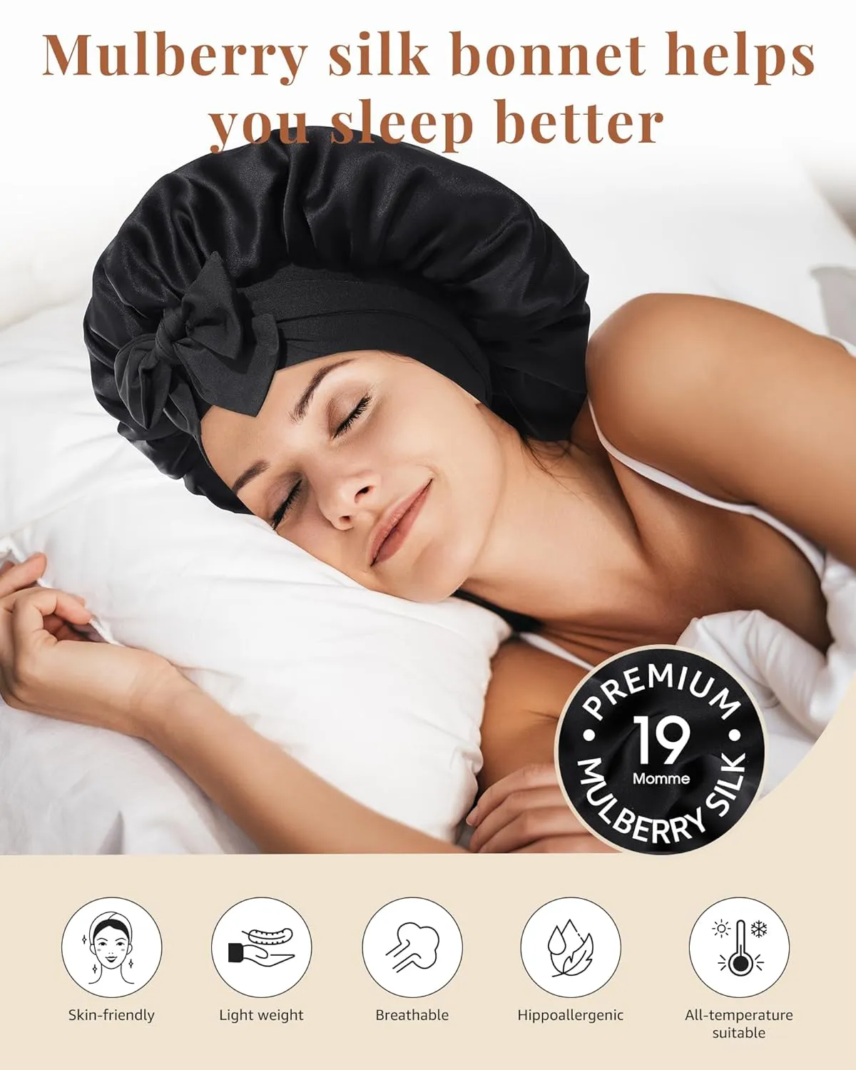 AWAYTR Silk Bonnet for Sleeping Women 100% Mulberry Silk Hair Bonnet with Band 2 Layer Reversible Sleeping Hair Wrap (Black, 7 3/8)