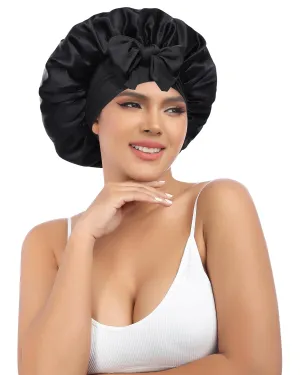 AWAYTR Silk Bonnet for Sleeping Women 100% Mulberry Silk Hair Bonnet with Band 2 Layer Reversible Sleeping Hair Wrap (Black, 7 3/8)