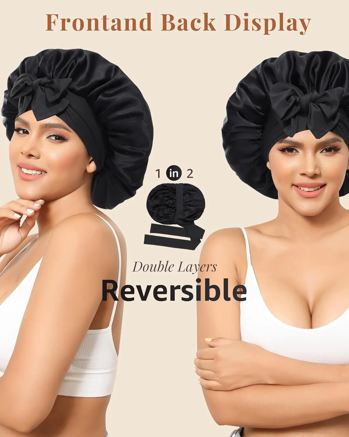 AWAYTR Silk Bonnet for Sleeping Women 100% Mulberry Silk Hair Bonnet with Band 2 Layer Reversible Sleeping Hair Wrap (Black, 7 3/8)