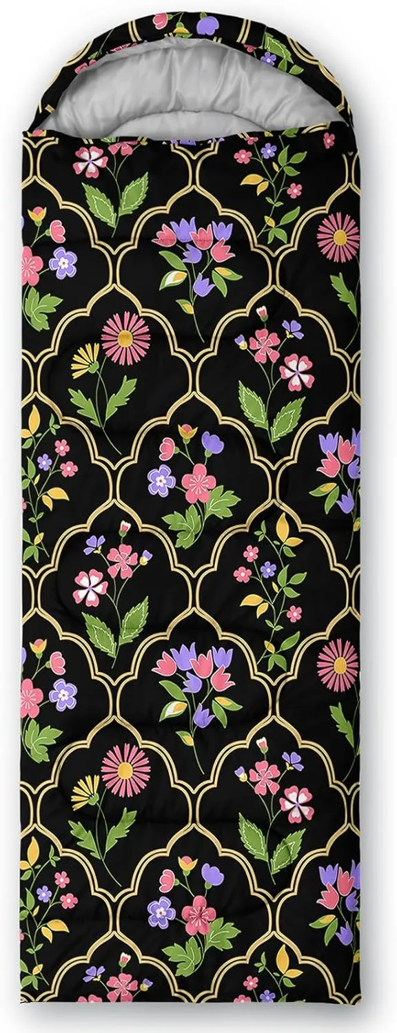 Axolotl Flower Sleeping Bag for Adults,Navy Blue Camping Bag for Girls with Compression Sack,3 Season Waterproof Portable and Lightweight Pink Floral Sleeping Bag for Travelling Outdoor Hiking