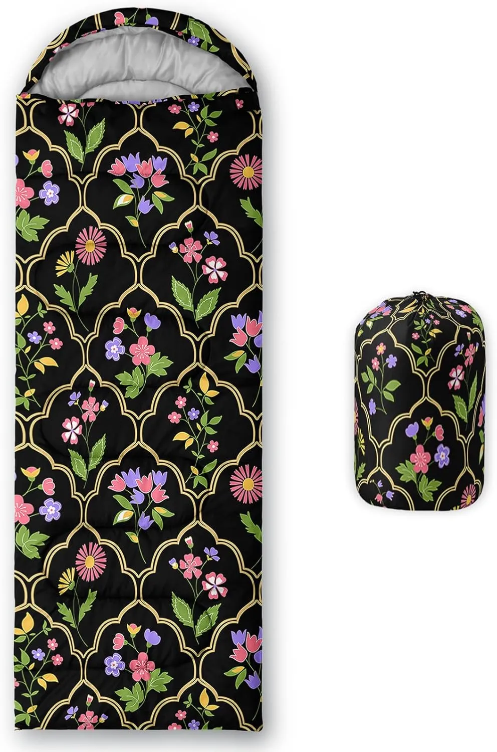 Axolotl Flower Sleeping Bag for Adults,Navy Blue Camping Bag for Girls with Compression Sack,3 Season Waterproof Portable and Lightweight Pink Floral Sleeping Bag for Travelling Outdoor Hiking