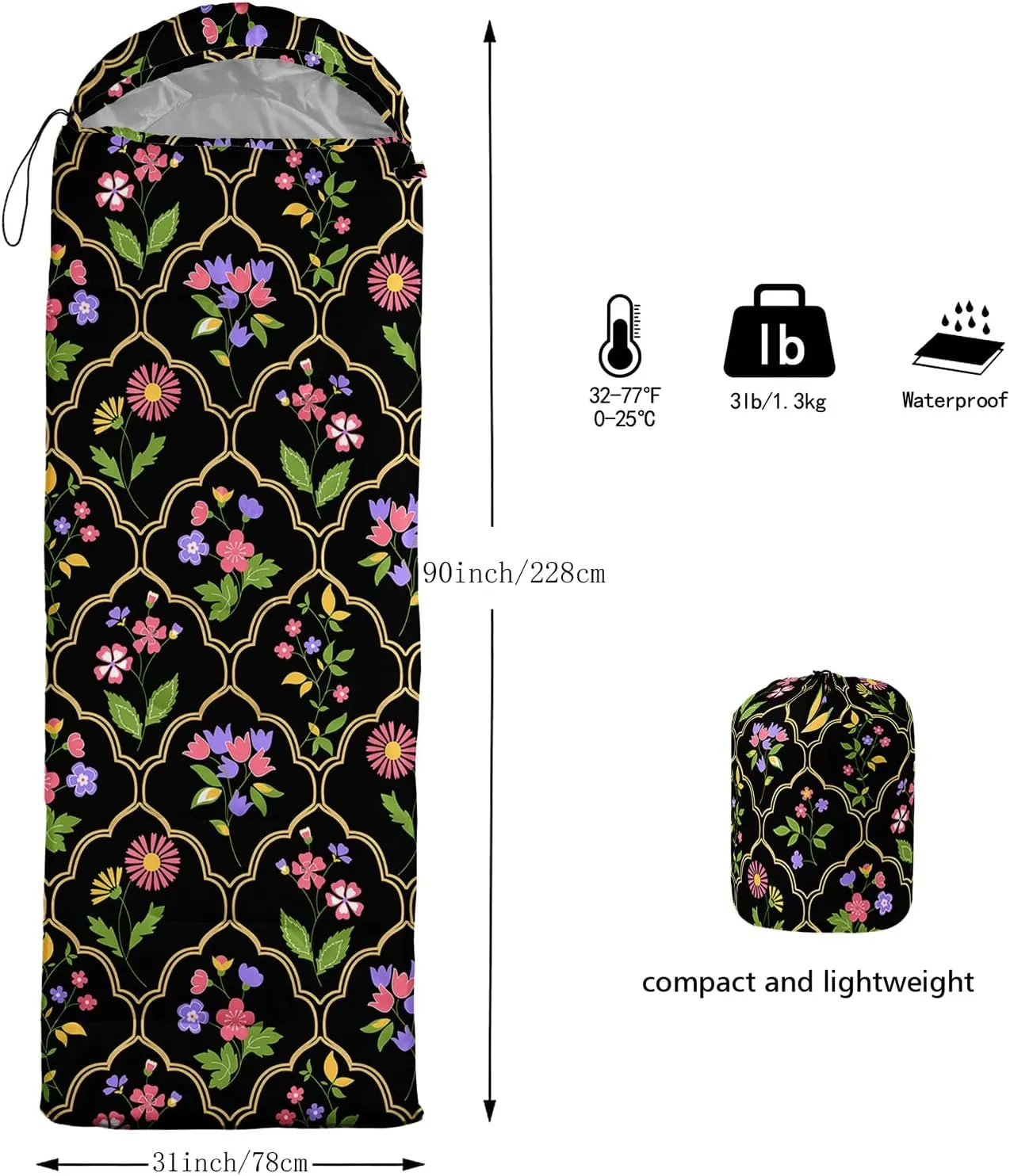 Axolotl Flower Sleeping Bag for Adults,Navy Blue Camping Bag for Girls with Compression Sack,3 Season Waterproof Portable and Lightweight Pink Floral Sleeping Bag for Travelling Outdoor Hiking