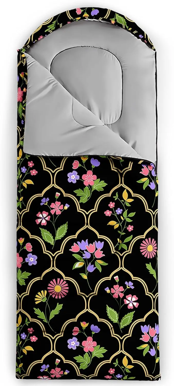 Axolotl Flower Sleeping Bag for Adults,Navy Blue Camping Bag for Girls with Compression Sack,3 Season Waterproof Portable and Lightweight Pink Floral Sleeping Bag for Travelling Outdoor Hiking