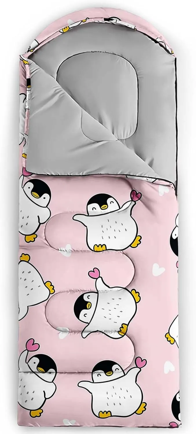 Axolotl Polar Bear Sleeping Bag for Kids Girls,Pink Strawberry Camping Bag with Kawaii Animals Compression Sack for Women,Pink Sleeping Mat for 3 Season Traveling Outdoor Hiking Camping Gear Equipment
