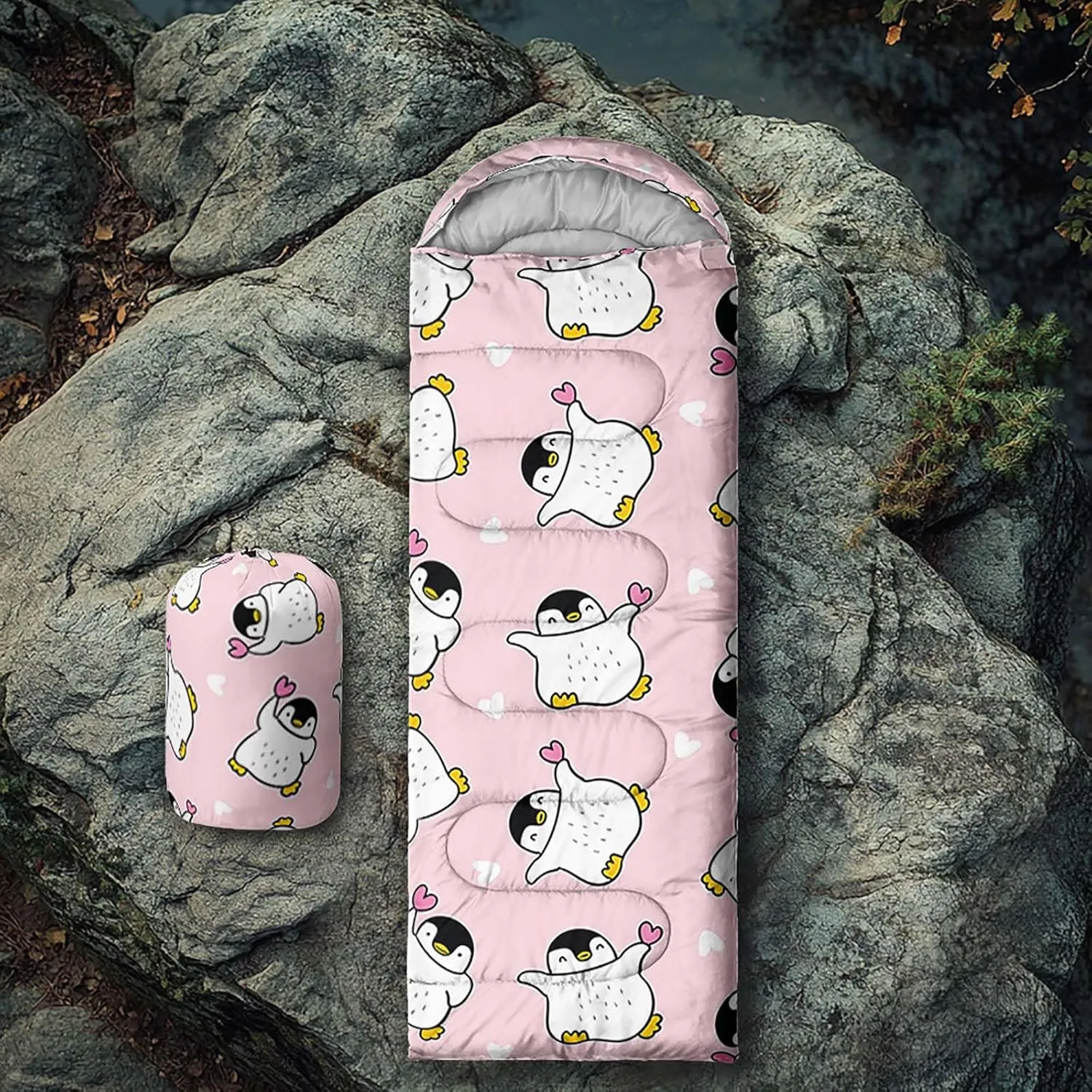 Axolotl Polar Bear Sleeping Bag for Kids Girls,Pink Strawberry Camping Bag with Kawaii Animals Compression Sack for Women,Pink Sleeping Mat for 3 Season Traveling Outdoor Hiking Camping Gear Equipment