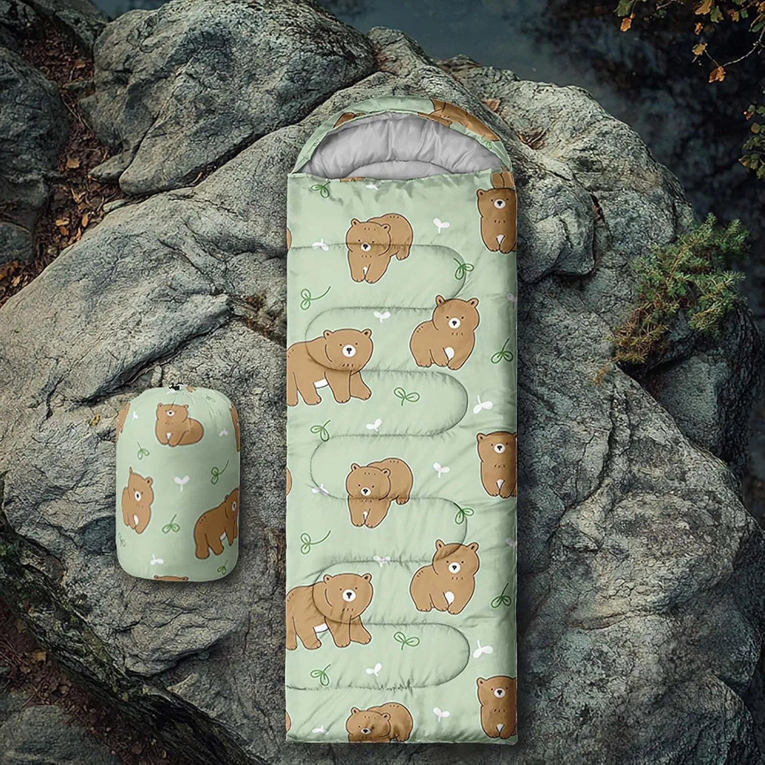 Axolotl Polar Bear Sleeping Bag for Kids Girls,Pink Strawberry Camping Bag with Kawaii Animals Compression Sack for Women,Pink Sleeping Mat for 3 Season Traveling Outdoor Hiking Camping Gear Equipment