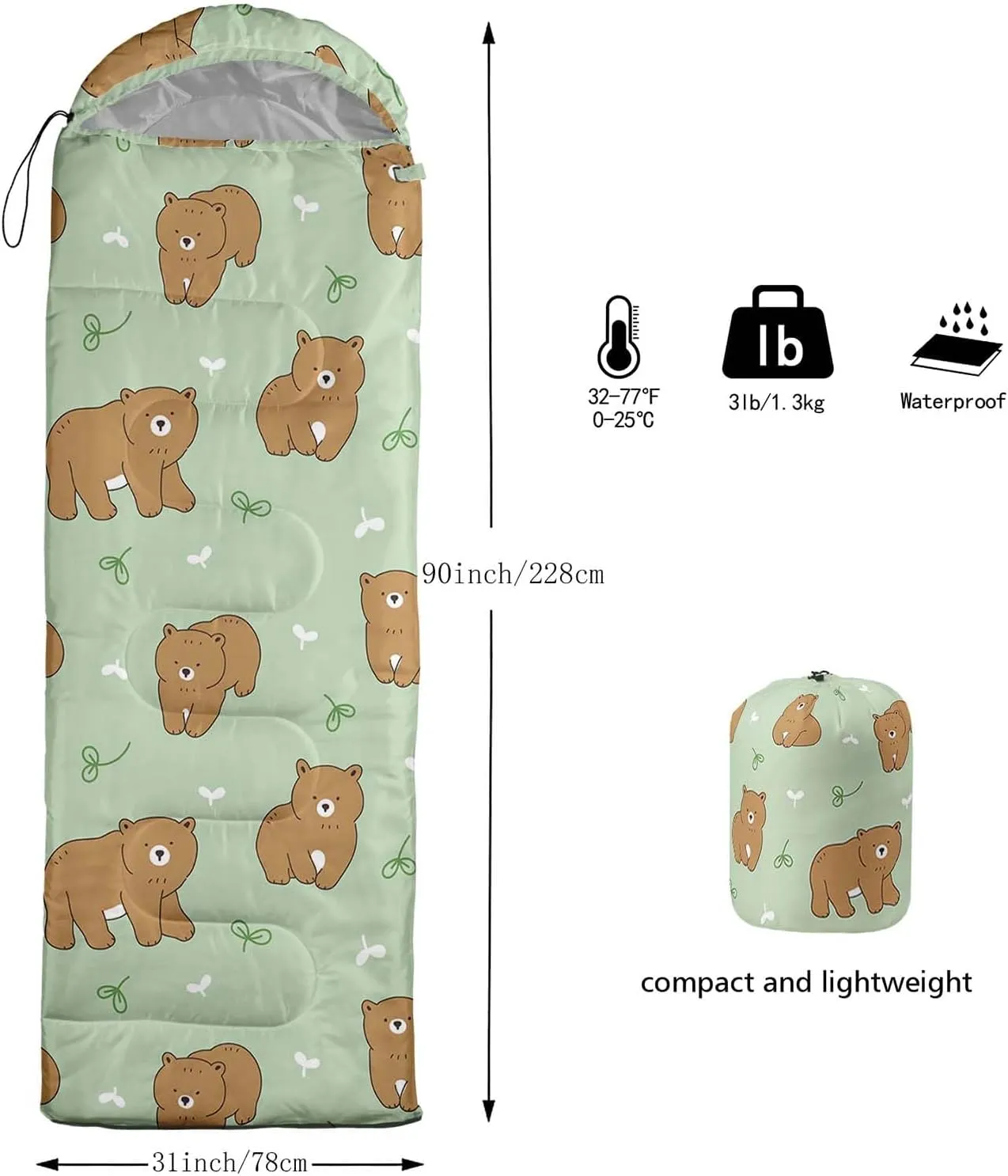 Axolotl Polar Bear Sleeping Bag for Kids Girls,Pink Strawberry Camping Bag with Kawaii Animals Compression Sack for Women,Pink Sleeping Mat for 3 Season Traveling Outdoor Hiking Camping Gear Equipment