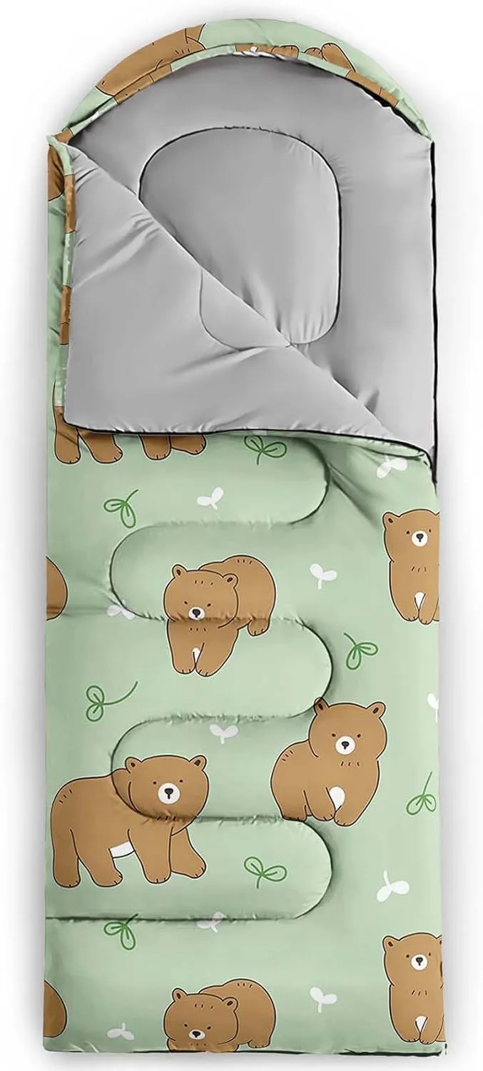 Axolotl Polar Bear Sleeping Bag for Kids Girls,Pink Strawberry Camping Bag with Kawaii Animals Compression Sack for Women,Pink Sleeping Mat for 3 Season Traveling Outdoor Hiking Camping Gear Equipment