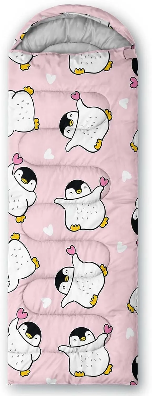 Axolotl Polar Bear Sleeping Bag for Kids Girls,Pink Strawberry Camping Bag with Kawaii Animals Compression Sack for Women,Pink Sleeping Mat for 3 Season Traveling Outdoor Hiking Camping Gear Equipment