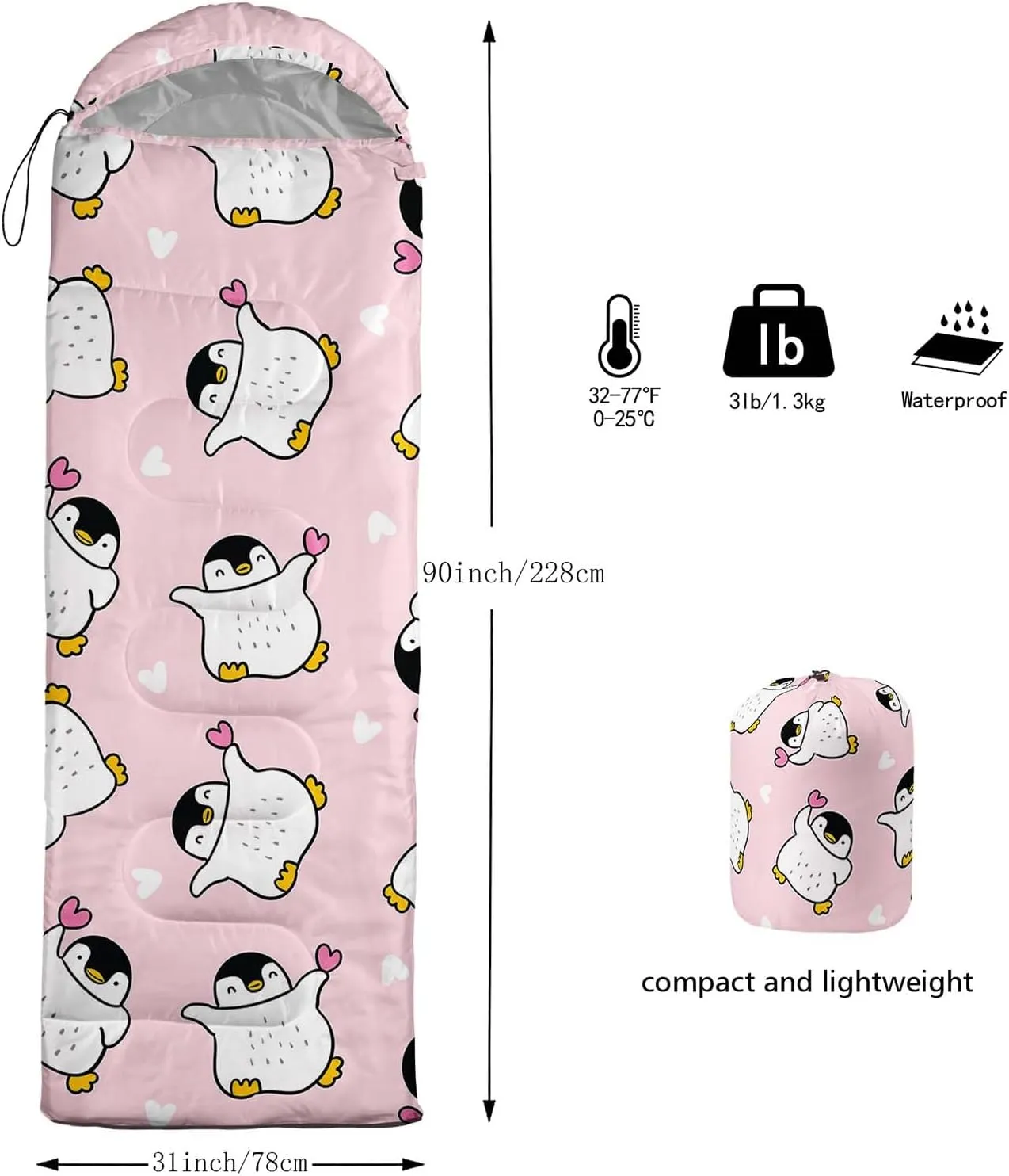 Axolotl Polar Bear Sleeping Bag for Kids Girls,Pink Strawberry Camping Bag with Kawaii Animals Compression Sack for Women,Pink Sleeping Mat for 3 Season Traveling Outdoor Hiking Camping Gear Equipment