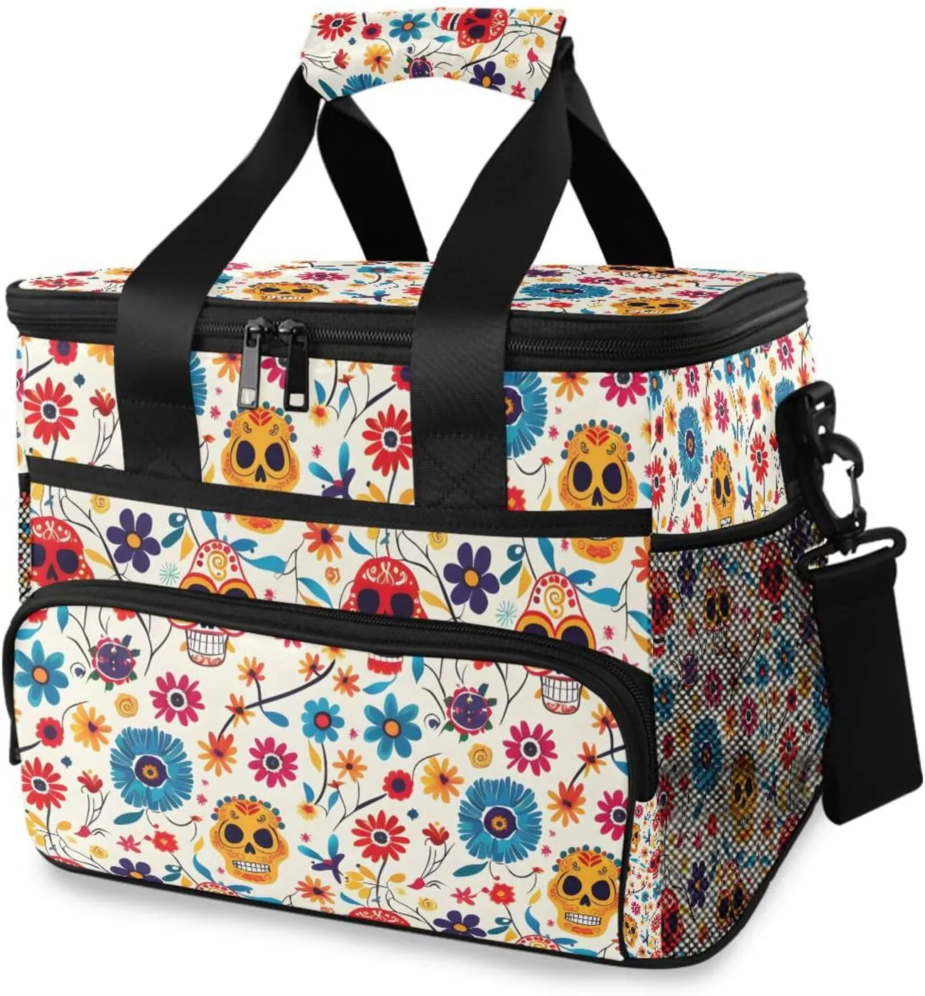 Aztec Skeleton Skull Gothic Flower Cooler Bag Insulated Cooler Soft Sided Cooler 24 Can Portable Picnic Bag Large Leakproof Lunch Bag Box for Beach Grocery Camping Travel Car Men Women