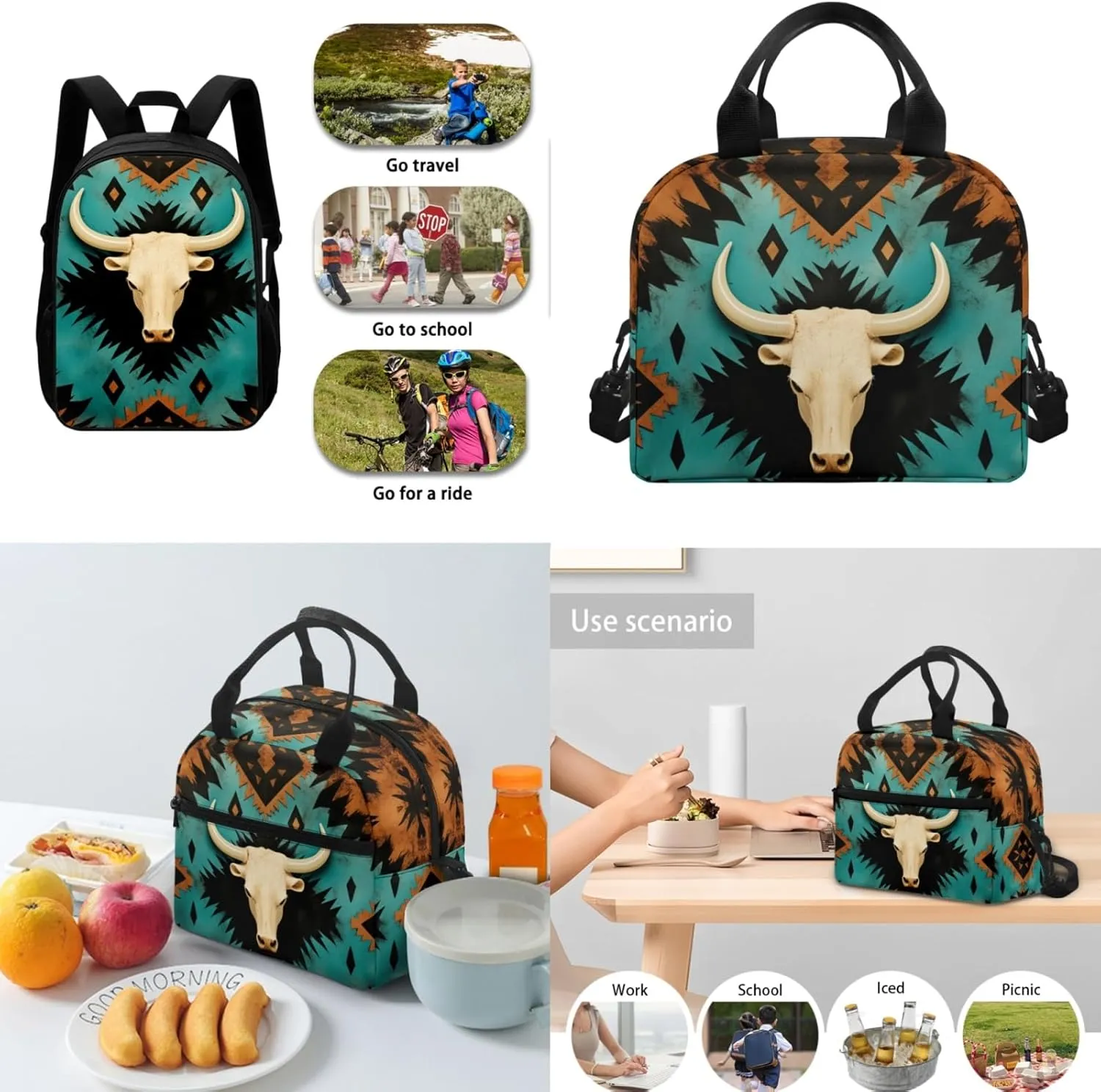 Aztec Western Kids Backpack 3-Piece Set for Age 5-9 Kids Sheepshead Bookbag for 1St 2Nd 3Rd Children School Bag with Lunch Box Water Bottle for Back to School