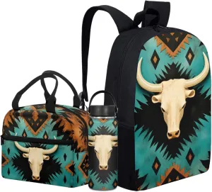 Aztec Western Kids Backpack 3-Piece Set for Age 5-9 Kids Sheepshead Bookbag for 1St 2Nd 3Rd Children School Bag with Lunch Box Water Bottle for Back to School