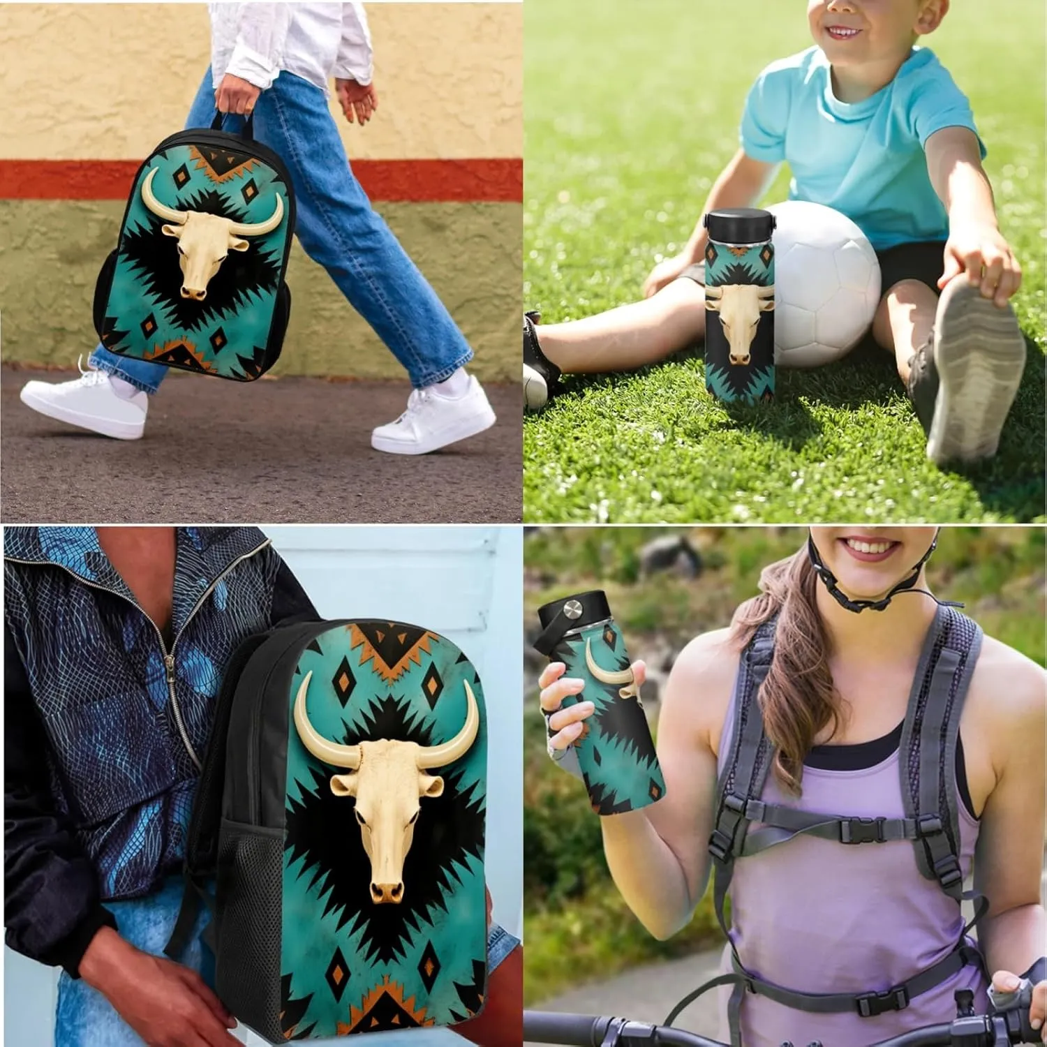 Aztec Western Kids Backpack 3-Piece Set for Age 5-9 Kids Sheepshead Bookbag for 1St 2Nd 3Rd Children School Bag with Lunch Box Water Bottle for Back to School