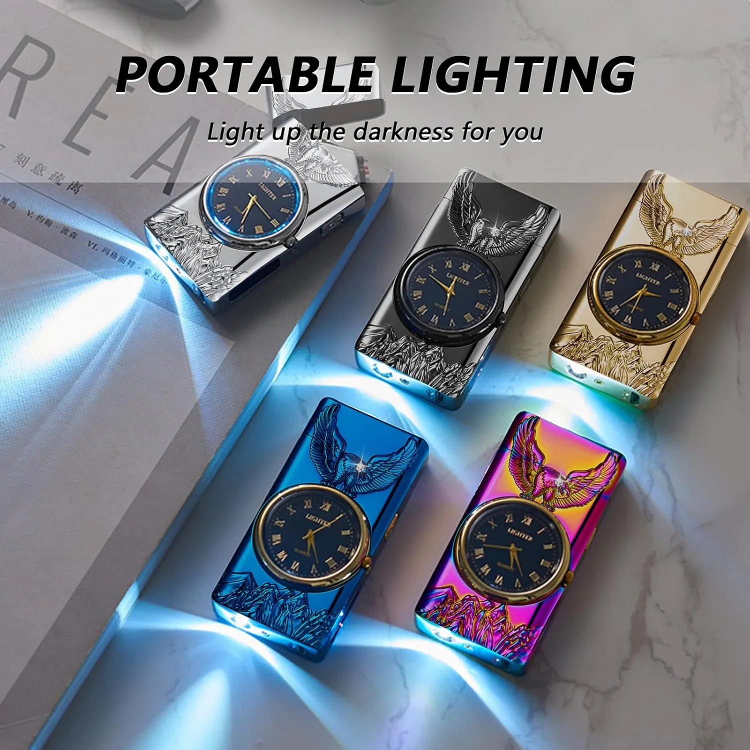 BABOBIU Electric Lighter Rechargeable Lighter Windproof Cool Sailboat Lighters Flameless Portable Arc Lighters with Portable Flashlight Gift for Men, Boyfriend, Husband (Gold)