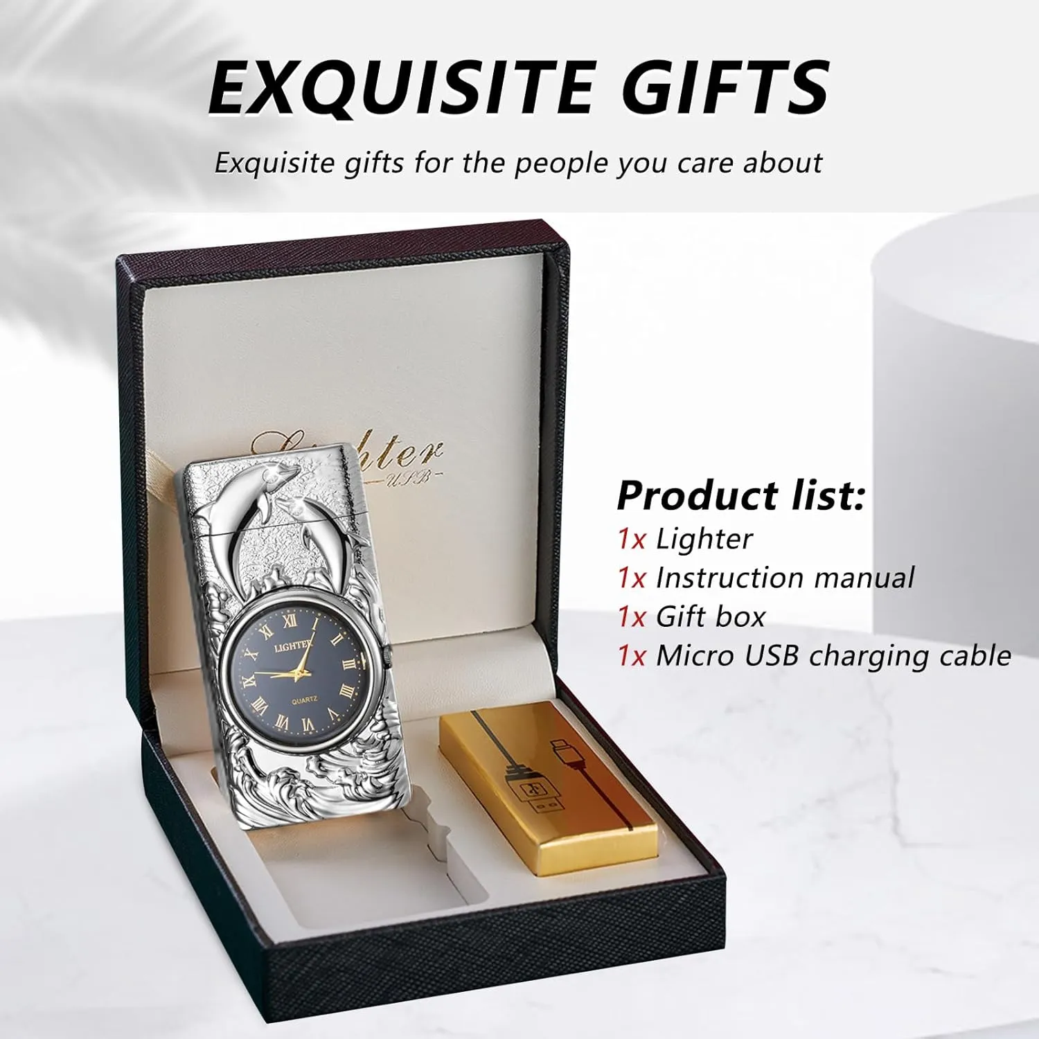 BABOBIU Electric Lighter USB Rechargeable Lighter Windproof Cool Dolphin Lighters Flameless Portable Arc Lighters with Portable Flashlight Gift for Men, Boyfriend, Husband (Silver)