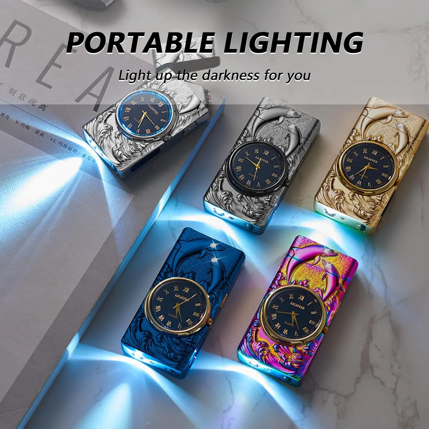 BABOBIU Electric Lighter USB Rechargeable Lighter Windproof Cool Dolphin Lighters Flameless Portable Arc Lighters with Portable Flashlight Gift for Men, Boyfriend, Husband (Silver)