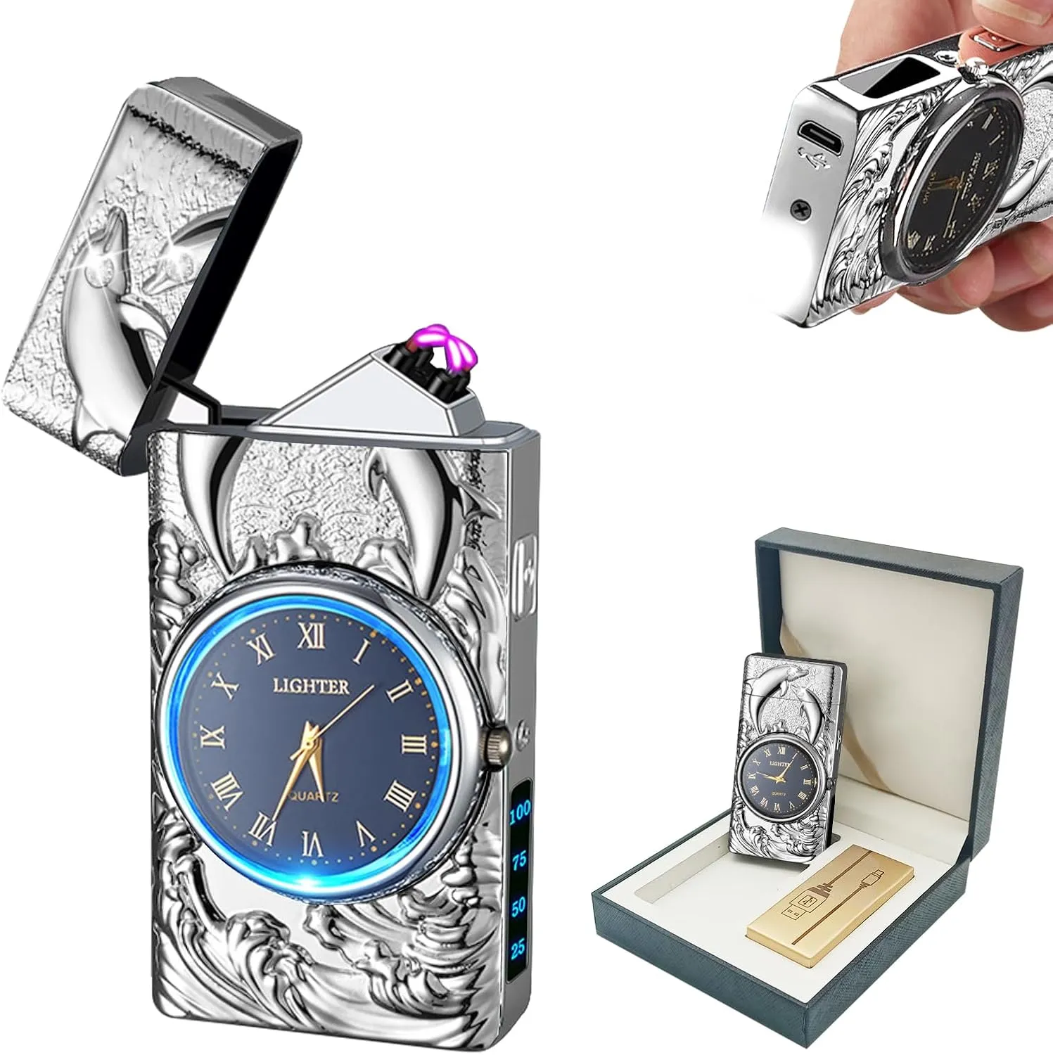 BABOBIU Electric Lighter USB Rechargeable Lighter Windproof Cool Dolphin Lighters Flameless Portable Arc Lighters with Portable Flashlight Gift for Men, Boyfriend, Husband (Silver)