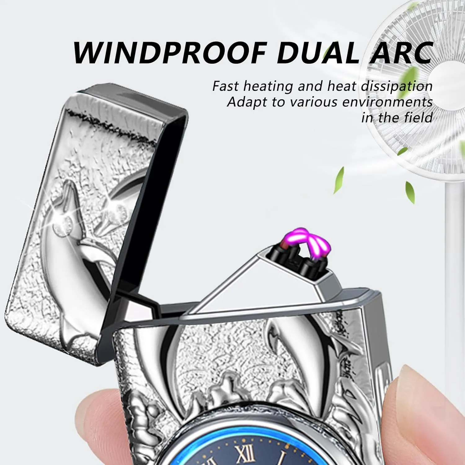 BABOBIU Electric Lighter USB Rechargeable Lighter Windproof Cool Dolphin Lighters Flameless Portable Arc Lighters with Portable Flashlight Gift for Men, Boyfriend, Husband (Silver)