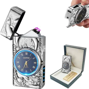 BABOBIU Electric Lighter USB Rechargeable Lighter Windproof Cool Dolphin Lighters Flameless Portable Arc Lighters with Portable Flashlight Gift for Men, Boyfriend, Husband (Silver)