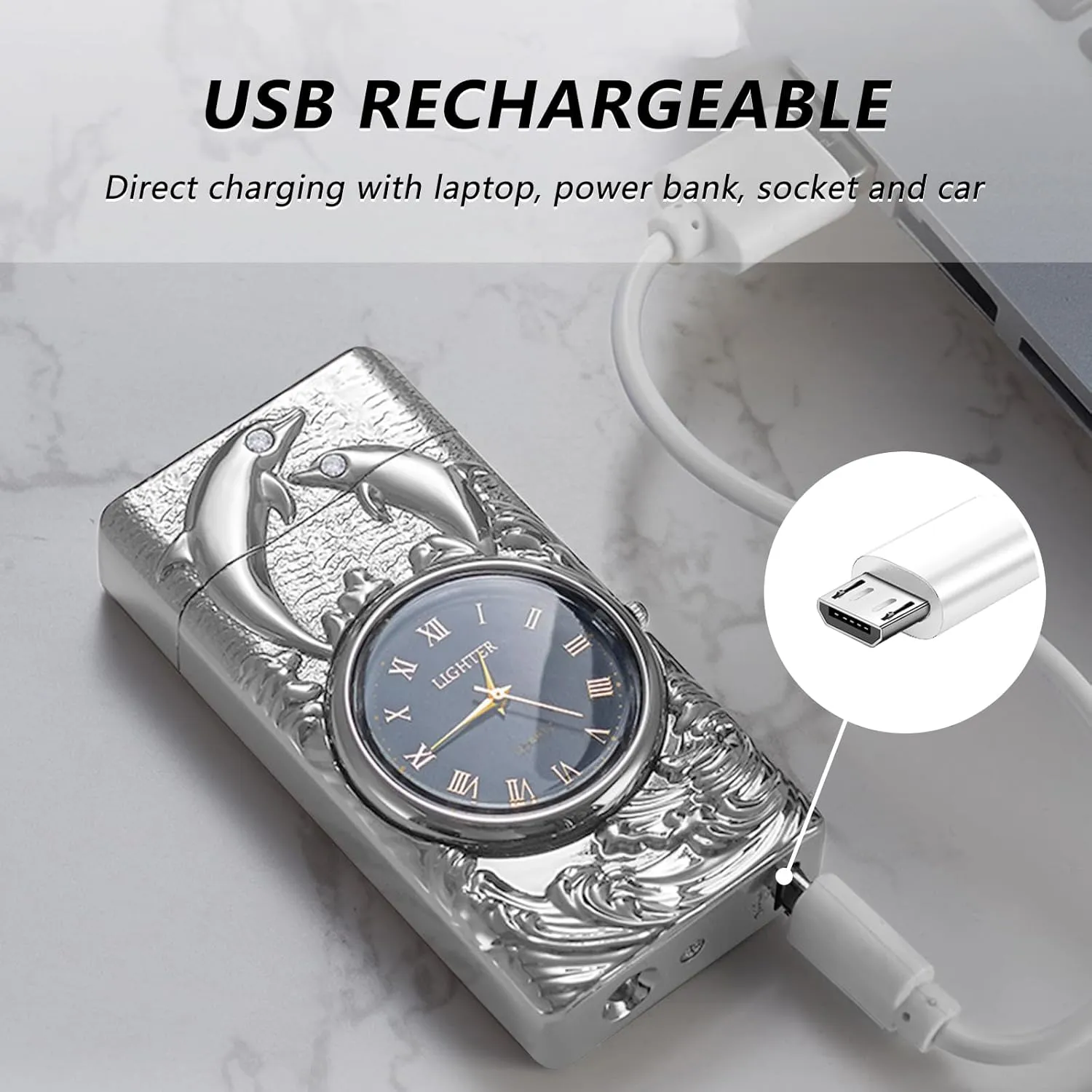 BABOBIU Electric Lighter USB Rechargeable Lighter Windproof Cool Dolphin Lighters Flameless Portable Arc Lighters with Portable Flashlight Gift for Men, Boyfriend, Husband (Silver)