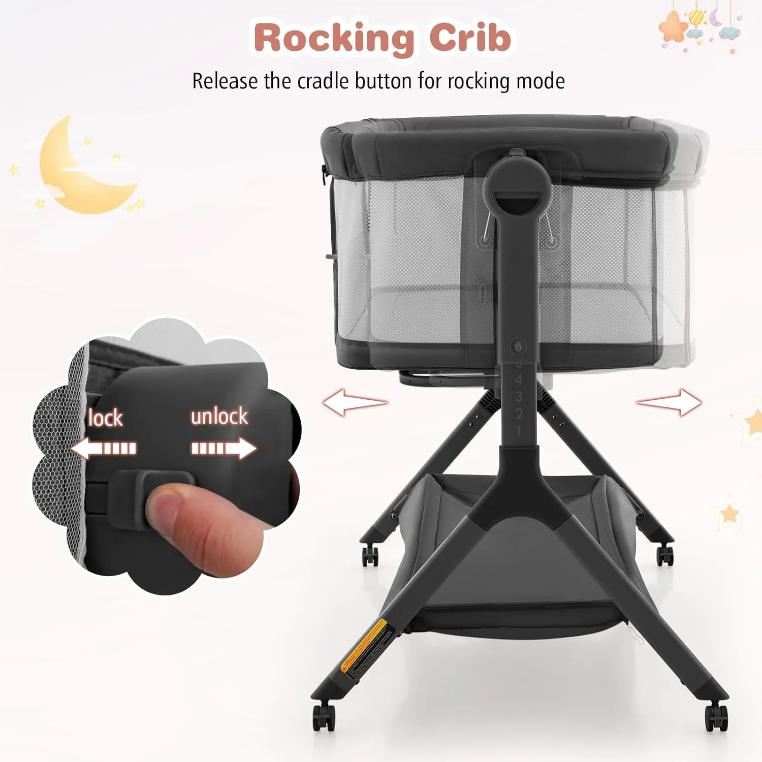 BABY JOY Bassinet, 3 in 1 Rocking Bedside Bassinet w/Storage Basket, Universal Wheels, Adjustable Height, Mattress, Net & Portable Bag, Carriable Crib Baby Bassinets Bedside Sleeper (Gray)