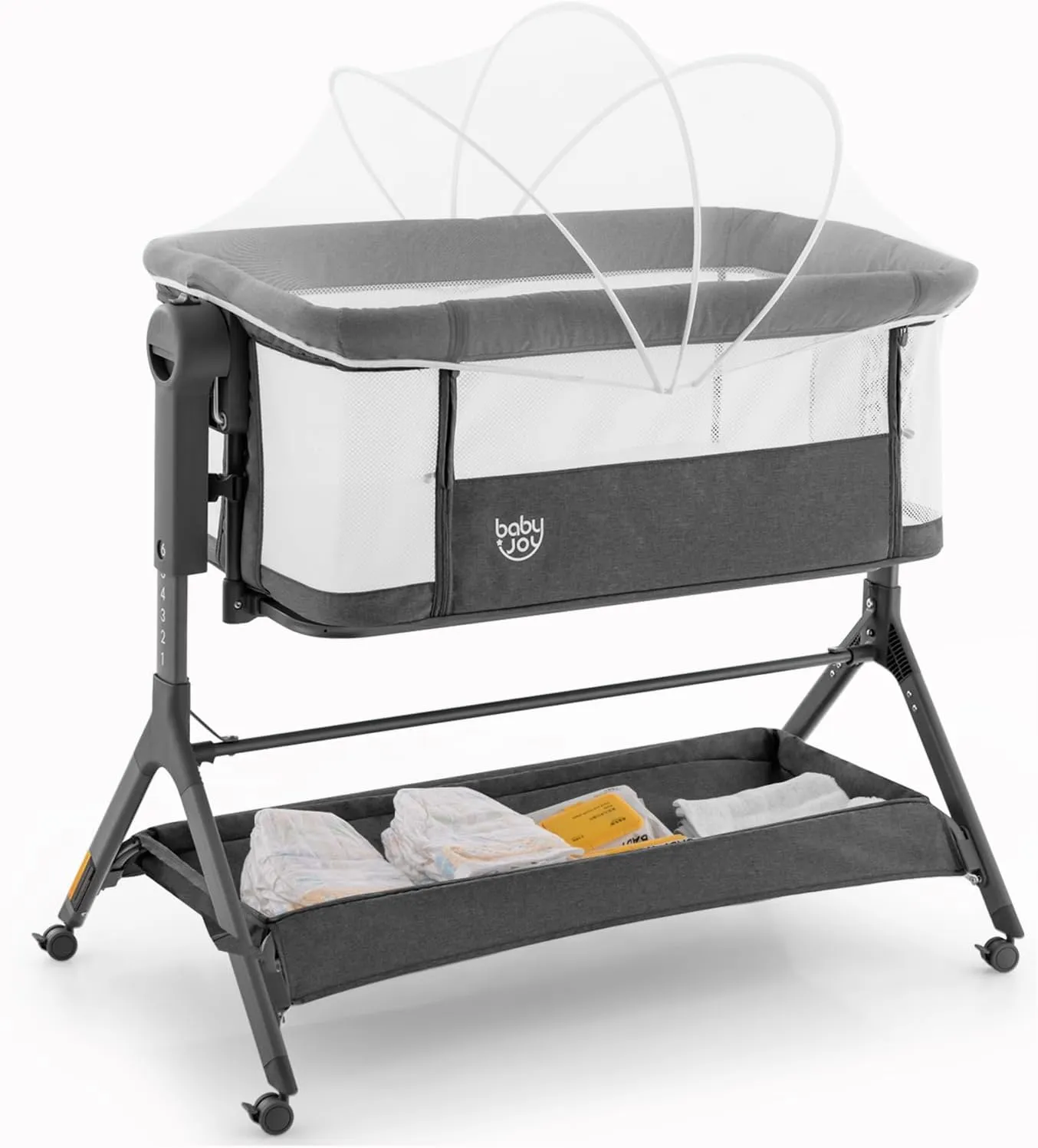 BABY JOY Bassinet, 3 in 1 Rocking Bedside Bassinet w/Storage Basket, Universal Wheels, Adjustable Height, Mattress, Net & Portable Bag, Carriable Crib Baby Bassinets Bedside Sleeper (Gray)