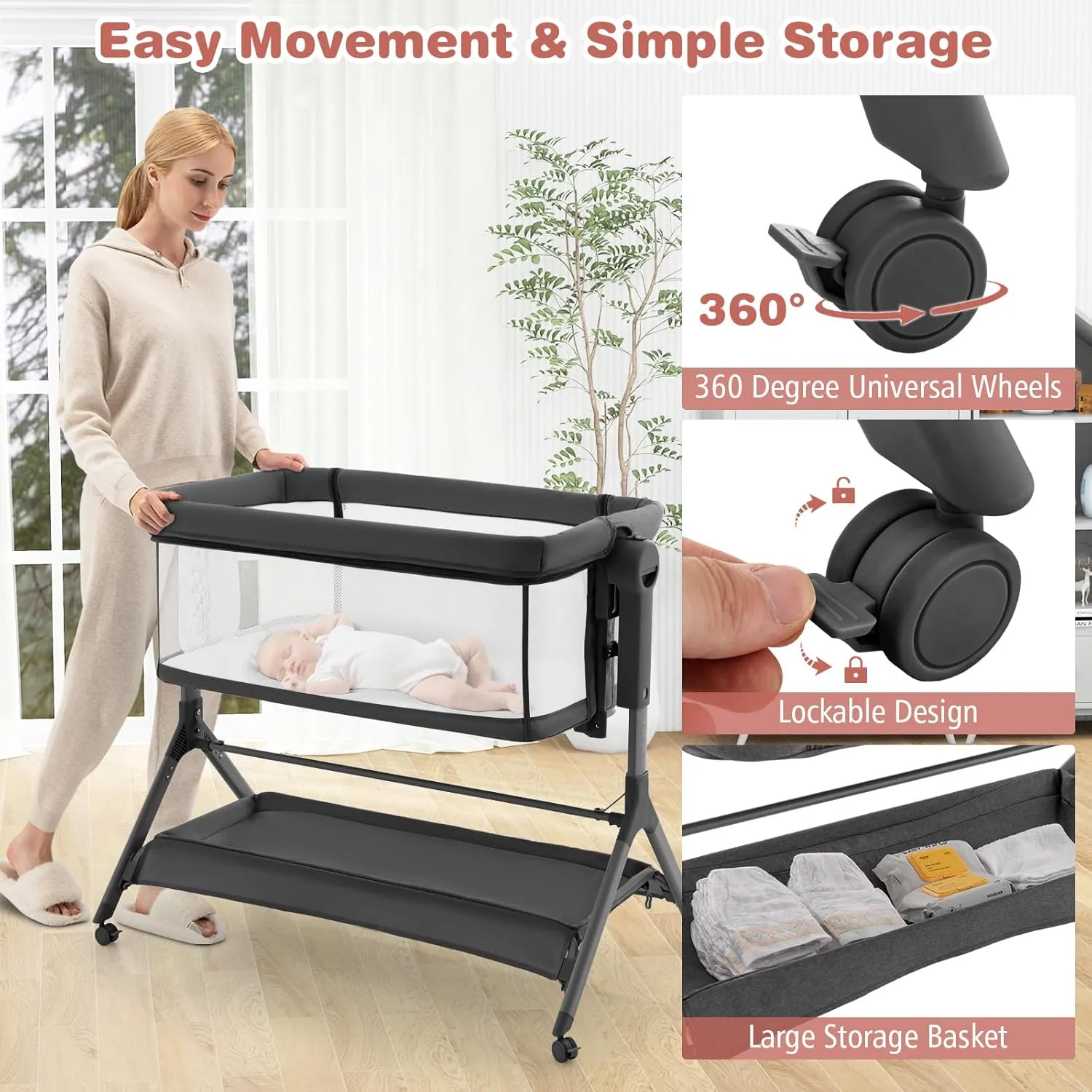 BABY JOY Bassinet, 3 in 1 Rocking Bedside Bassinet w/Storage Basket, Universal Wheels, Adjustable Height, Mattress, Net & Portable Bag, Carriable Crib Baby Bassinets Bedside Sleeper (Gray)