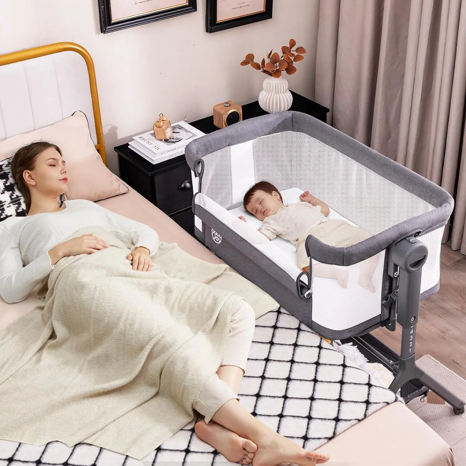 BABY JOY Bassinet, 3 in 1 Rocking Bedside Bassinet w/Storage Basket, Universal Wheels, Adjustable Height, Mattress, Net & Portable Bag, Carriable Crib Baby Bassinets Bedside Sleeper (Gray)