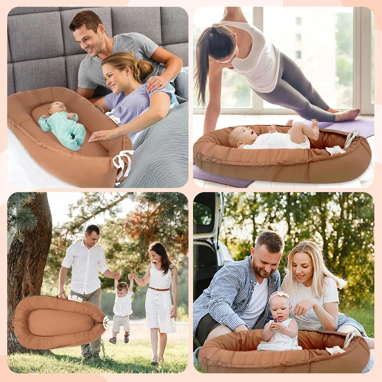 Baby Lounger, 100% Cotton Newborn Lounger for 0-24 Months, Co Sleeping Breathable & Soft Baby Nest, Infant Lounger Baby Floor Seat, Portable Lightweight Lounger Newborn Babies Essentials(Brown)