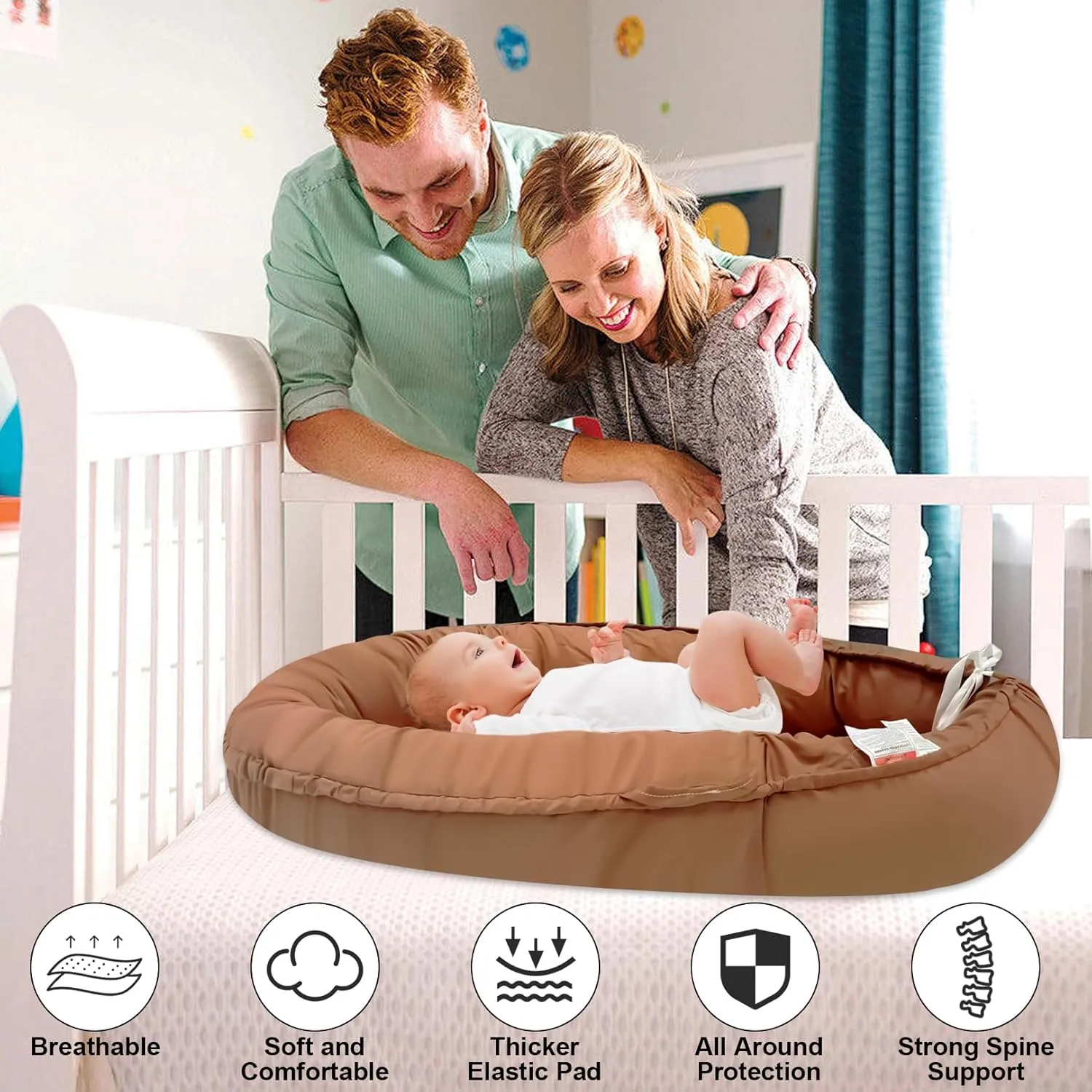 Baby Lounger, 100% Cotton Newborn Lounger for 0-24 Months, Co Sleeping Breathable & Soft Baby Nest, Infant Lounger Baby Floor Seat, Portable Lightweight Lounger Newborn Babies Essentials(Brown)