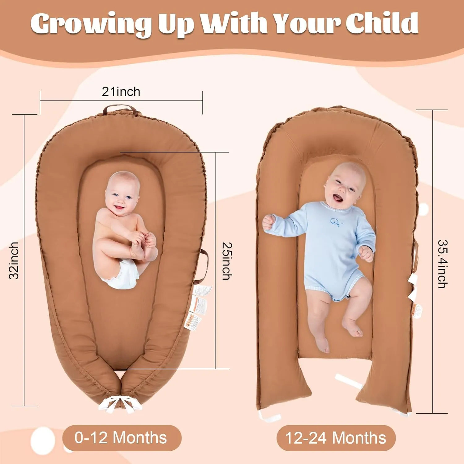 Baby Lounger, 100% Cotton Newborn Lounger for 0-24 Months, Co Sleeping Breathable & Soft Baby Nest, Infant Lounger Baby Floor Seat, Portable Lightweight Lounger Newborn Babies Essentials(Brown)