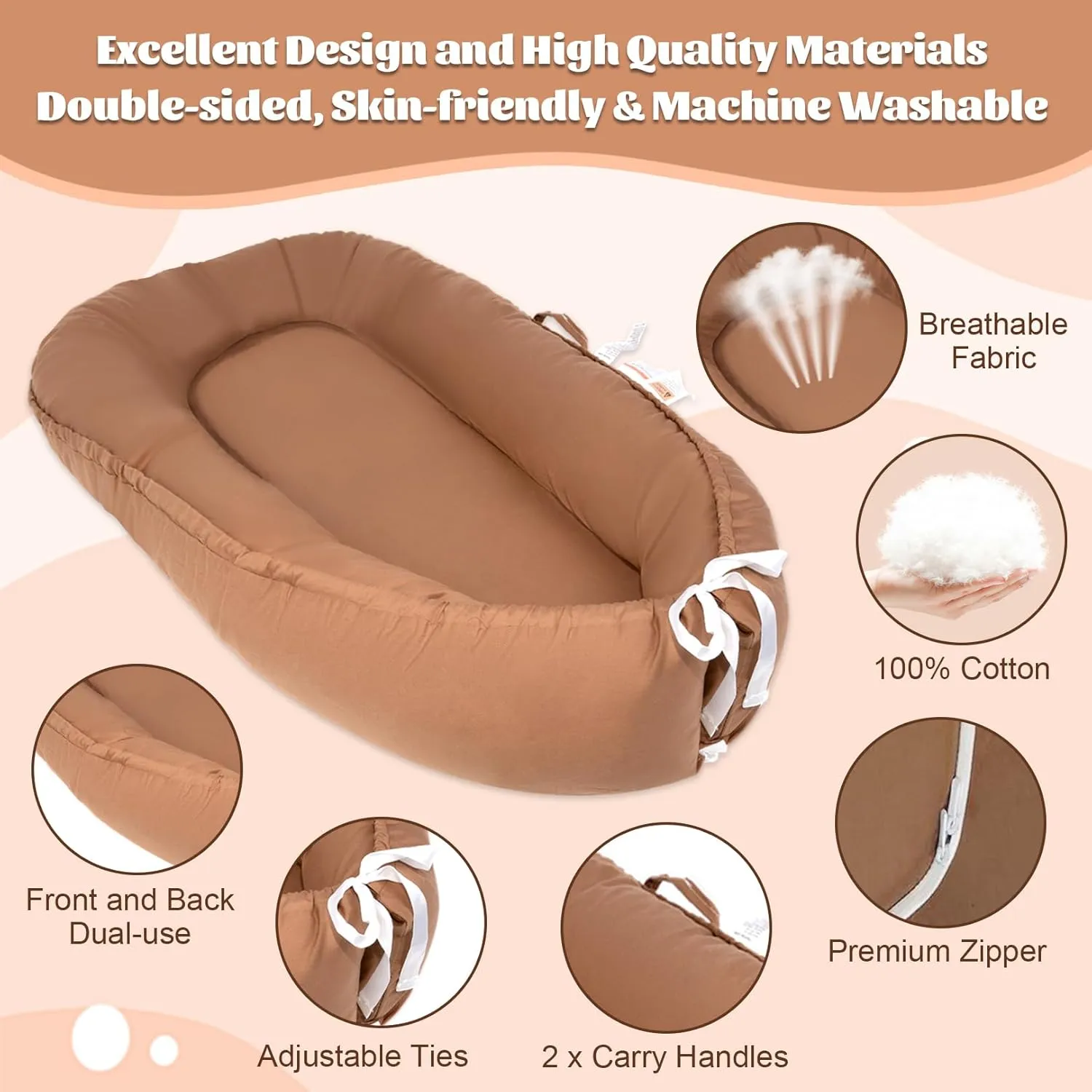 Baby Lounger, 100% Cotton Newborn Lounger for 0-24 Months, Co Sleeping Breathable & Soft Baby Nest, Infant Lounger Baby Floor Seat, Portable Lightweight Lounger Newborn Babies Essentials(Brown)