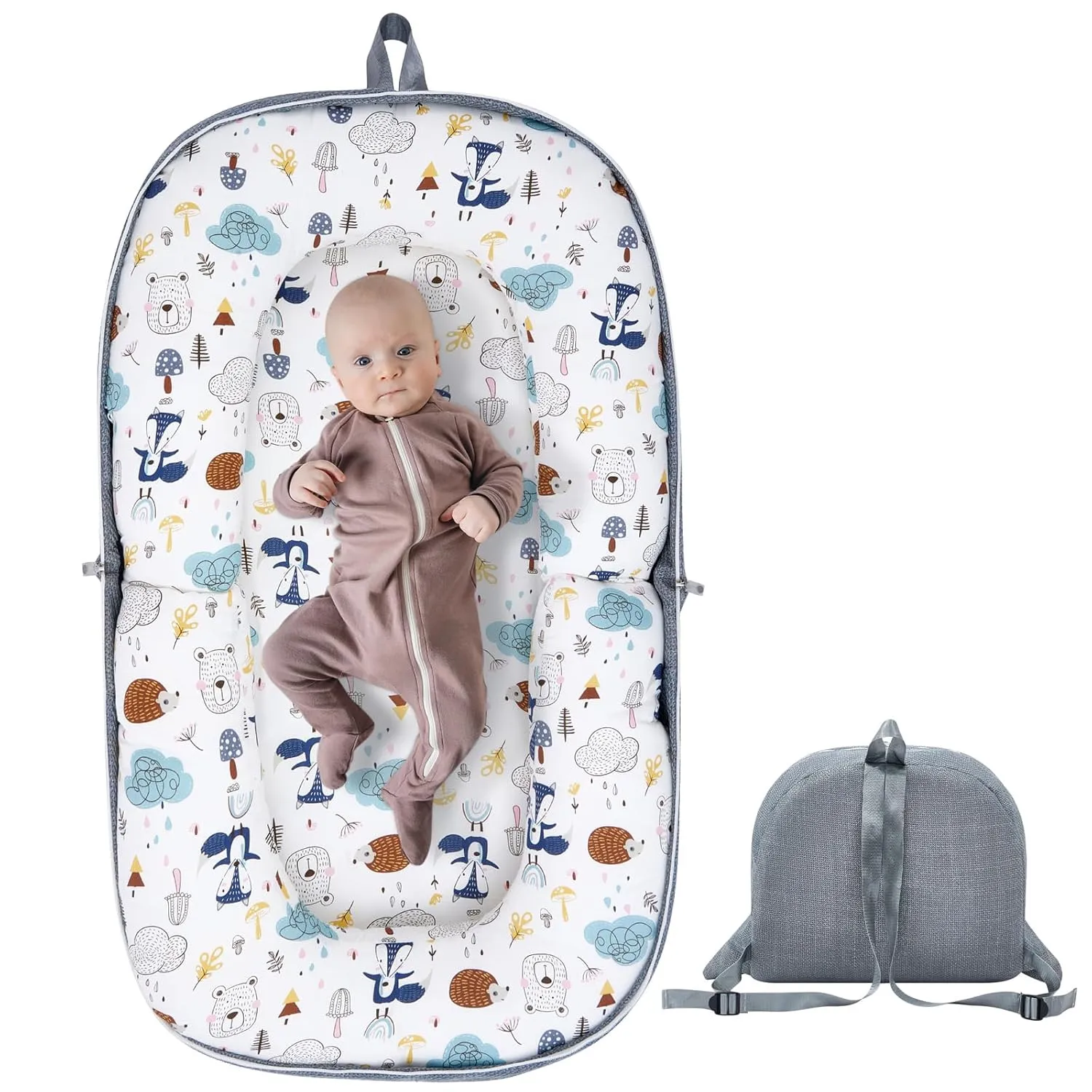 Baby Lounger Baby Nest Baby Floor Seat for Newborn Babies 0-24 Months,Soft Breathable Organic Cotton Slipcover,Portable Baby Bed Co Sleeper for Baby in Bed (Forest Kingdom, 32.28 * 18.89 Inch)