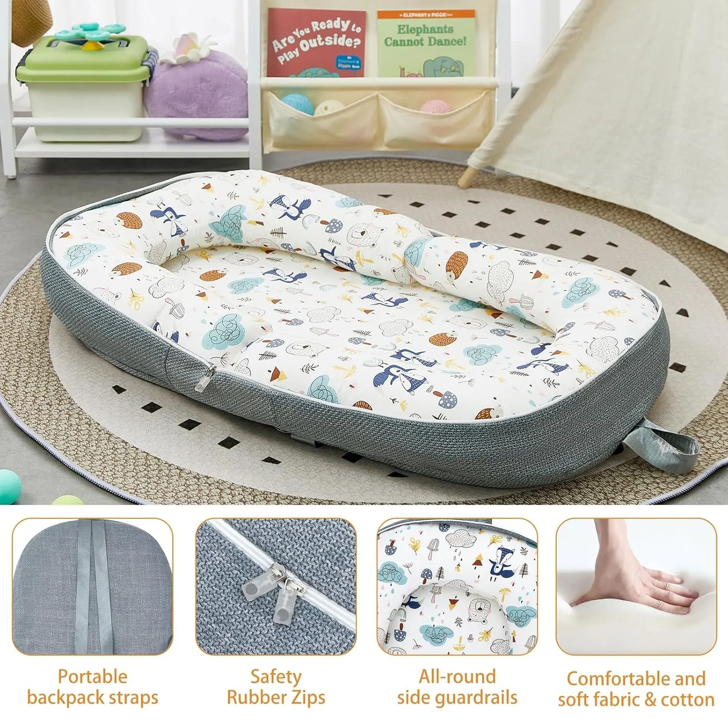 Baby Lounger Baby Nest Baby Floor Seat for Newborn Babies 0-24 Months,Soft Breathable Organic Cotton Slipcover,Portable Baby Bed Co Sleeper for Baby in Bed (Forest Kingdom, 32.28 * 18.89 Inch)