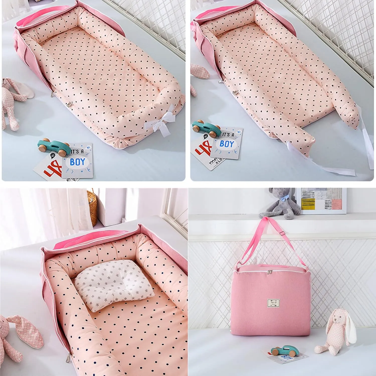 Baby Lounger for Newborn Portable Bag,Baby Nest Co Sleeping for Baby in Bed with Pillow,Newborn Lounger Adjustable Size & Strong Zipper Lengthen Space to 24 Months(Pink Polka Dots)