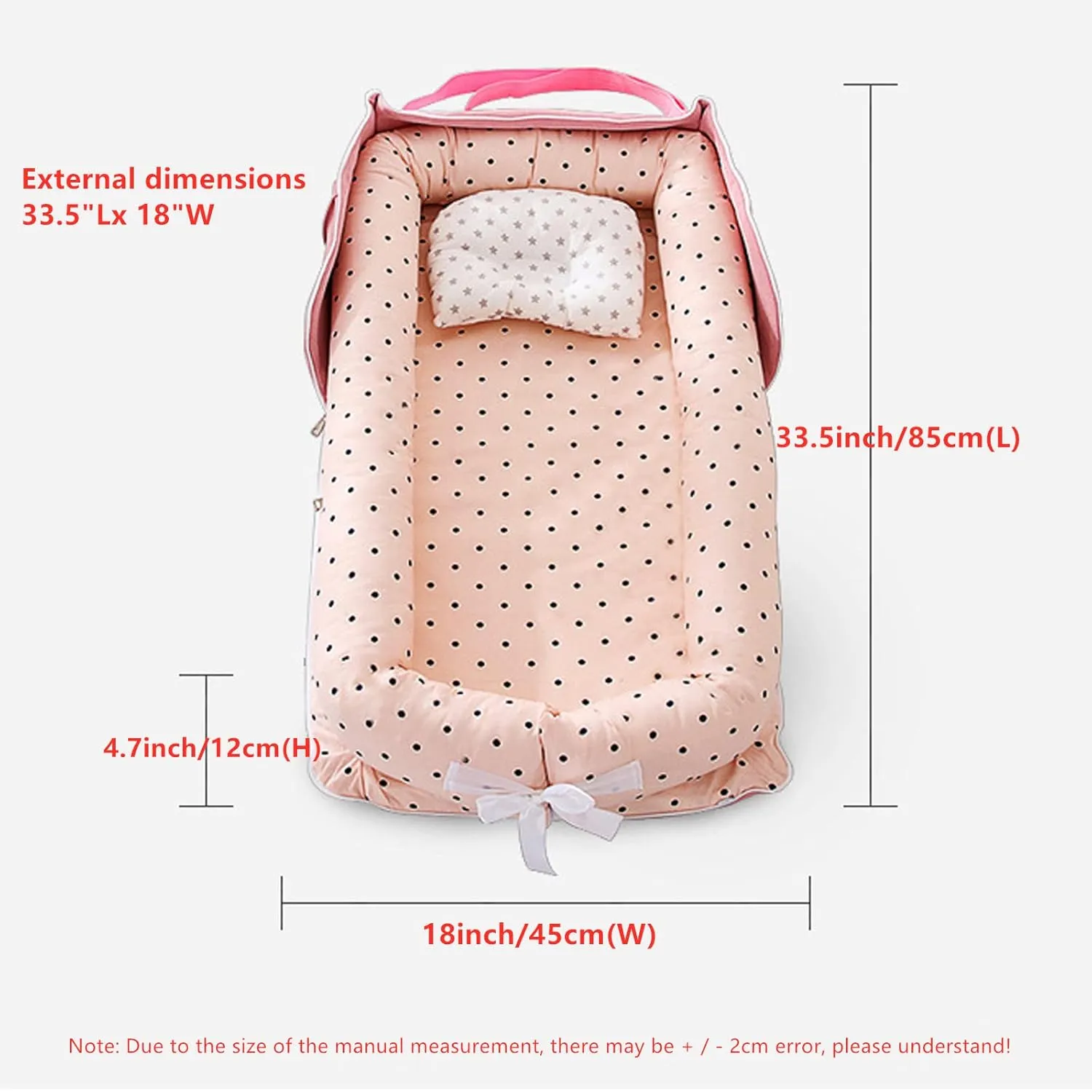Baby Lounger for Newborn Portable Bag,Baby Nest Co Sleeping for Baby in Bed with Pillow,Newborn Lounger Adjustable Size & Strong Zipper Lengthen Space to 24 Months(Pink Polka Dots)