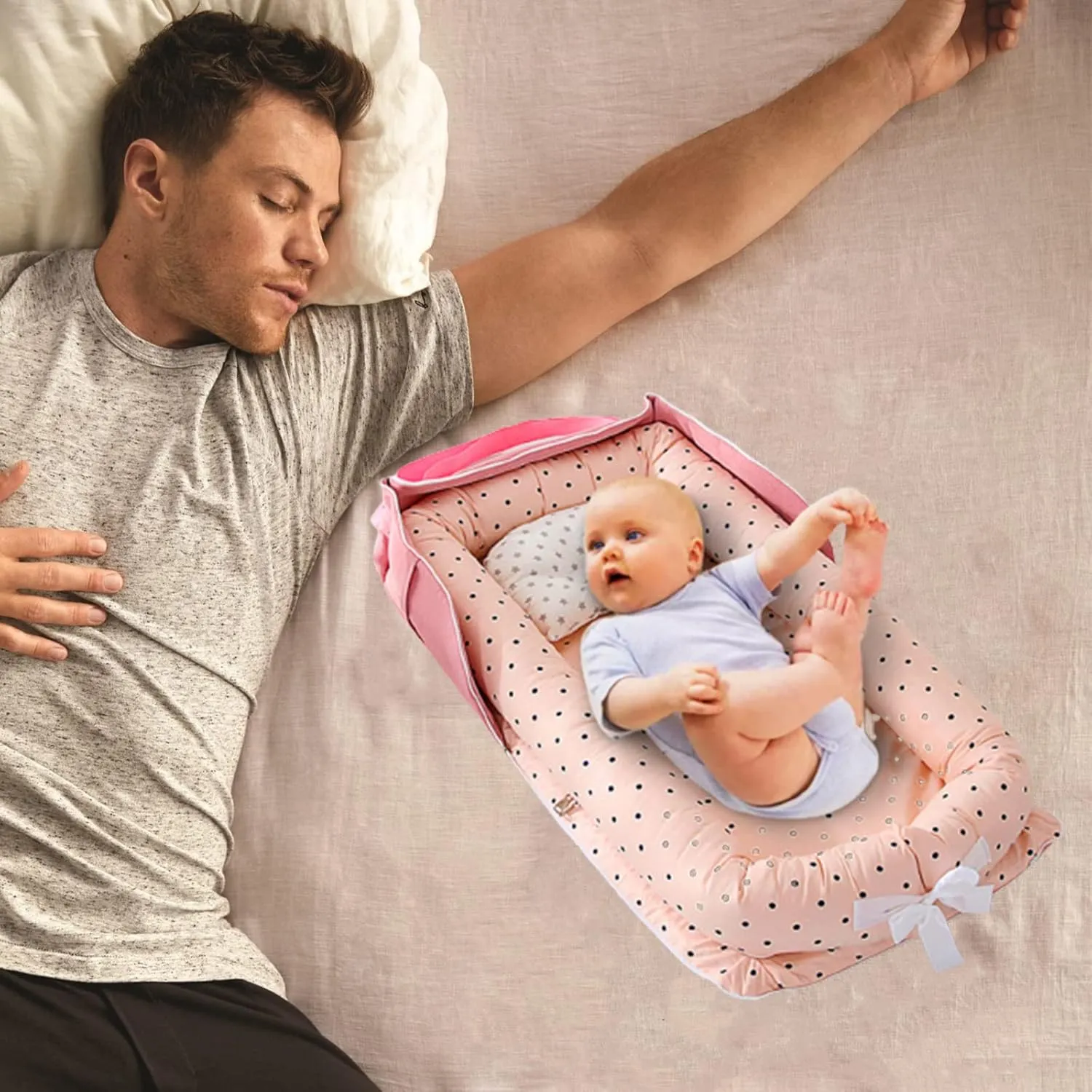 Baby Lounger for Newborn Portable Bag,Baby Nest Co Sleeping for Baby in Bed with Pillow,Newborn Lounger Adjustable Size & Strong Zipper Lengthen Space to 24 Months(Pink Polka Dots)