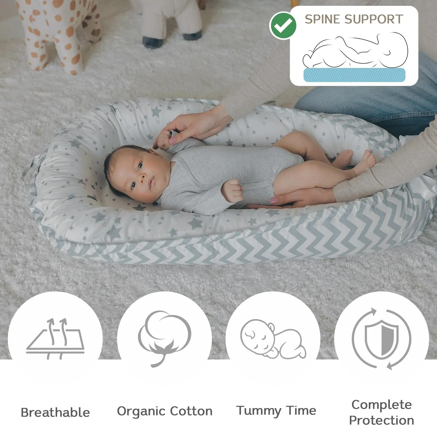 Baby Nest, Baby Lounger, Organic Cotton Lounger for Baby, Reversible Breathable Adjustable Portable - Star Collection (Gray)