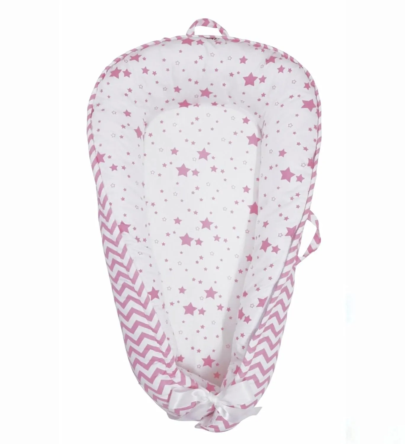 Baby Nest, Baby Lounger, Organic Cotton Lounger for Baby, Reversible Breathable Adjustable Portable - Star Collection (Pink)