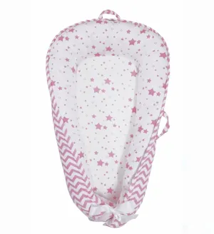 Baby Nest, Baby Lounger, Organic Cotton Lounger for Baby, Reversible Breathable Adjustable Portable - Star Collection (Pink)