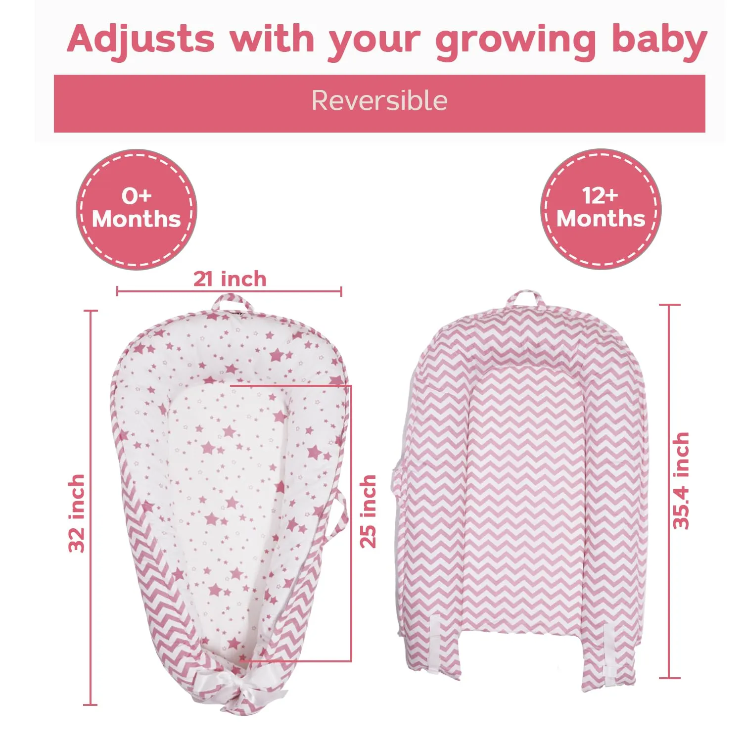 Baby Nest, Baby Lounger, Organic Cotton Lounger for Baby, Reversible Breathable Adjustable Portable - Star Collection (Pink)