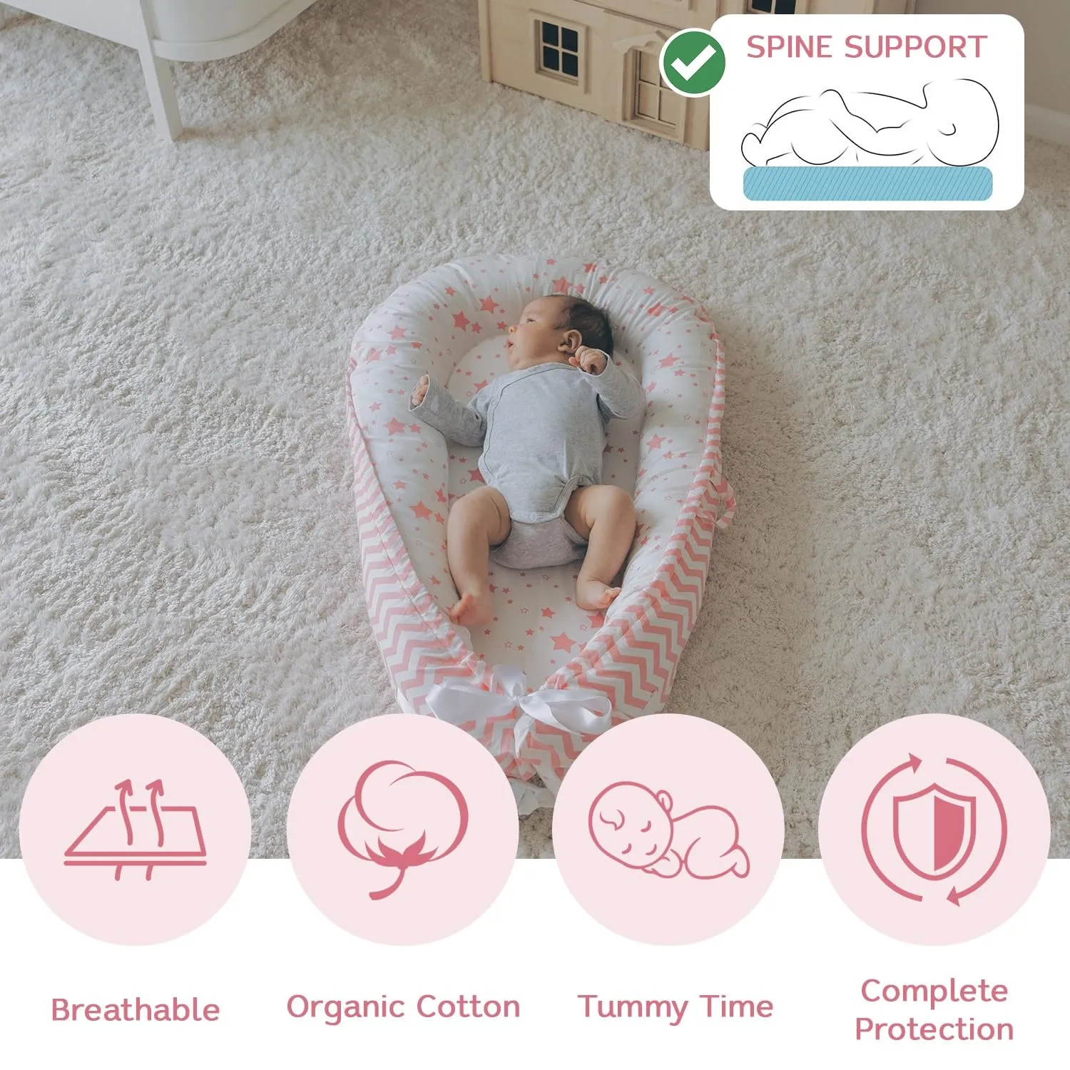 Baby Nest, Baby Lounger, Organic Cotton Lounger for Baby, Reversible Breathable Adjustable Portable - Star Collection (Pink)