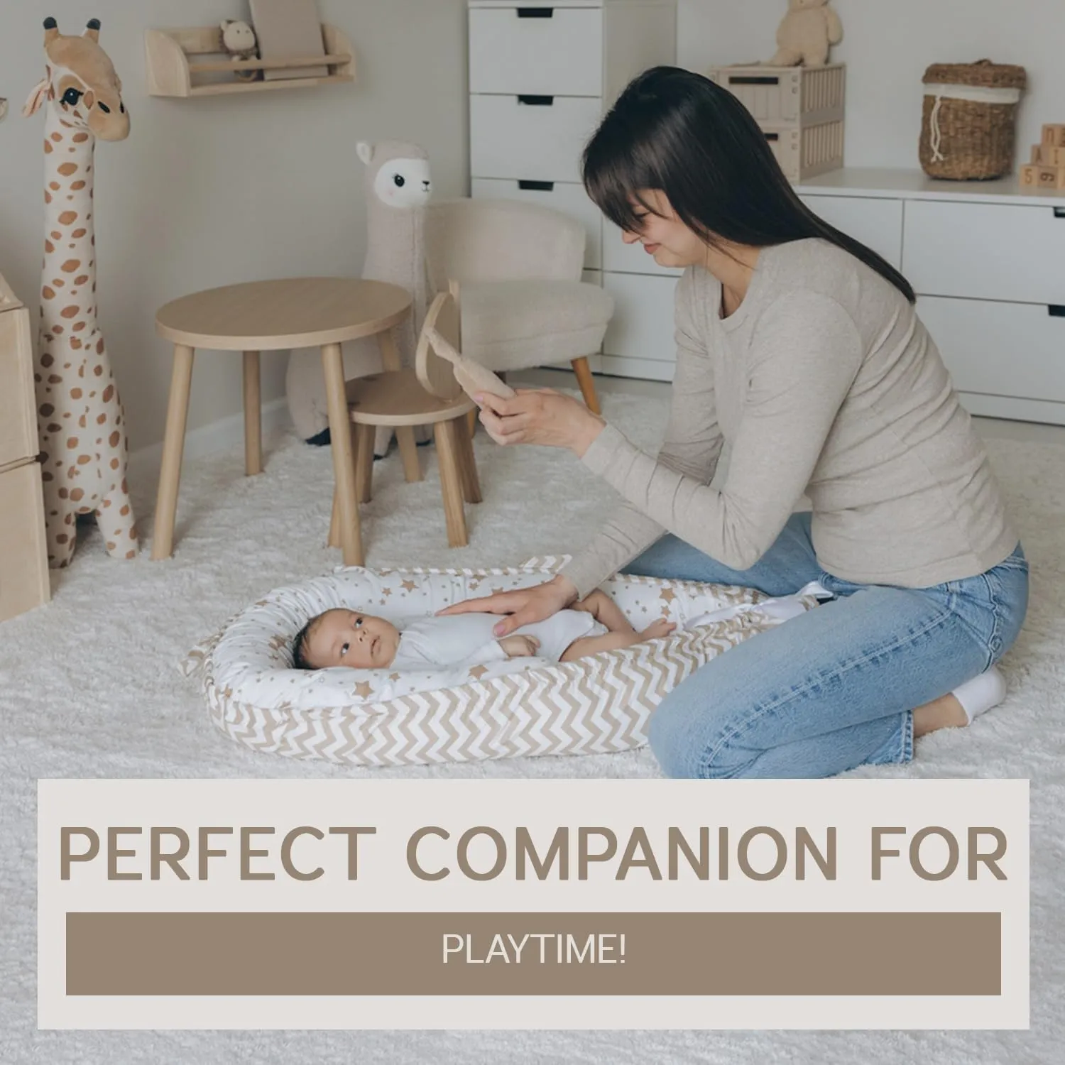 Baby Nest, Baby Lounger, Organic Cotton Lounger for Baby, Reversible Breathable Adjustable Portable - Star Collection (White/Tan)