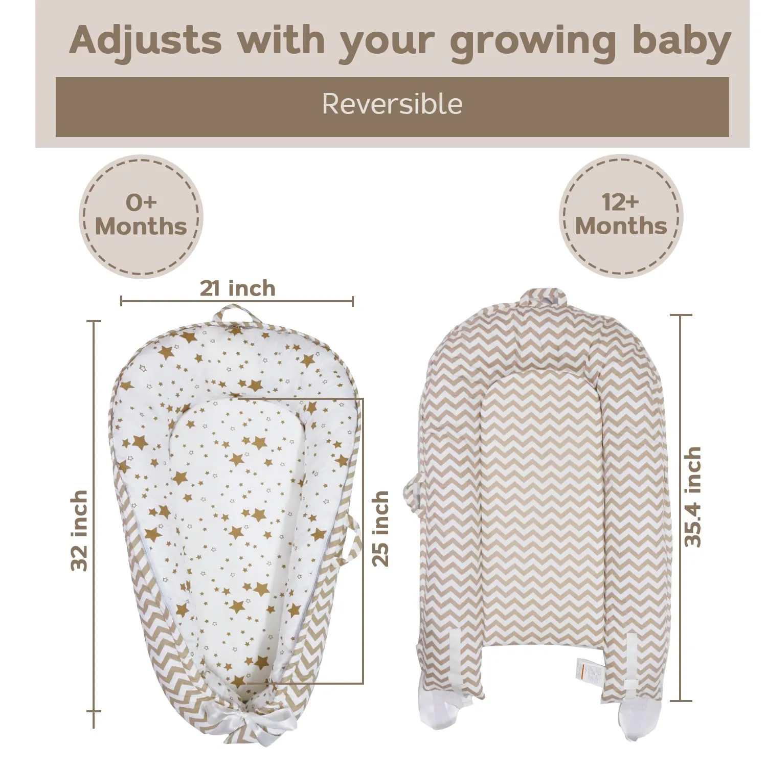 Baby Nest, Baby Lounger, Organic Cotton Lounger for Baby, Reversible Breathable Adjustable Portable - Star Collection (White/Tan)